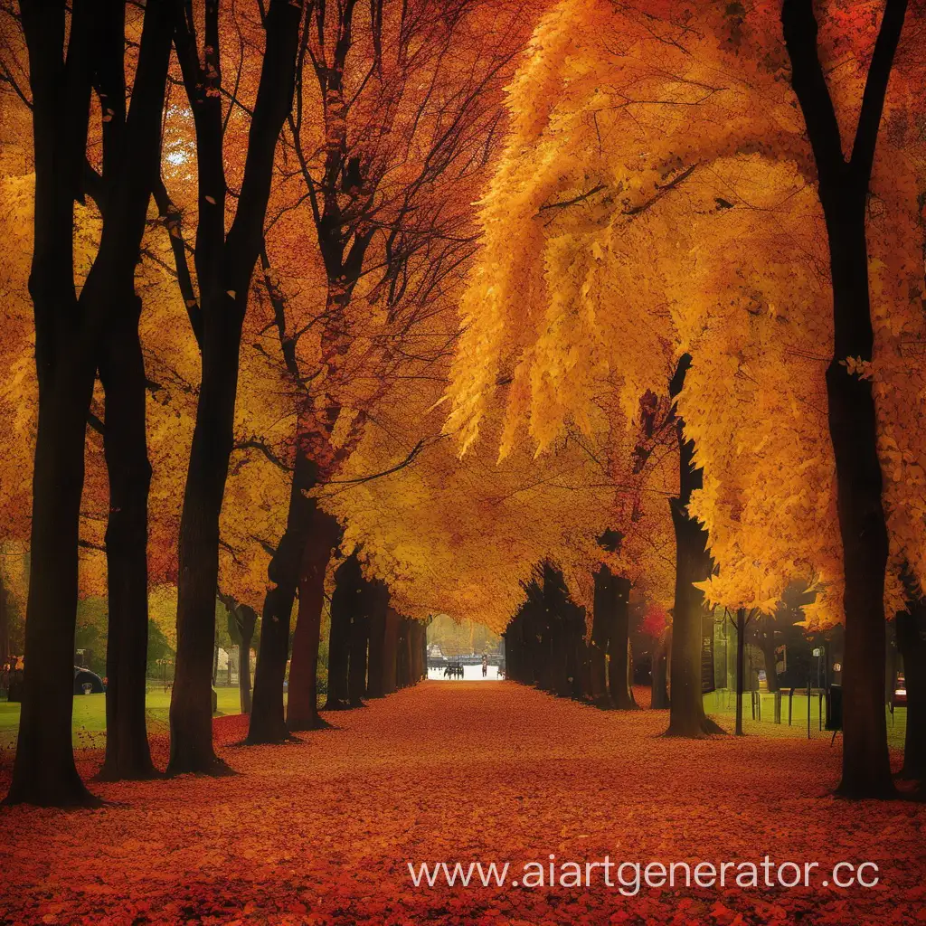 Vibrant-Autumn-Landscape-Trees-in-Full-Bloom-with-Falling-Leaves