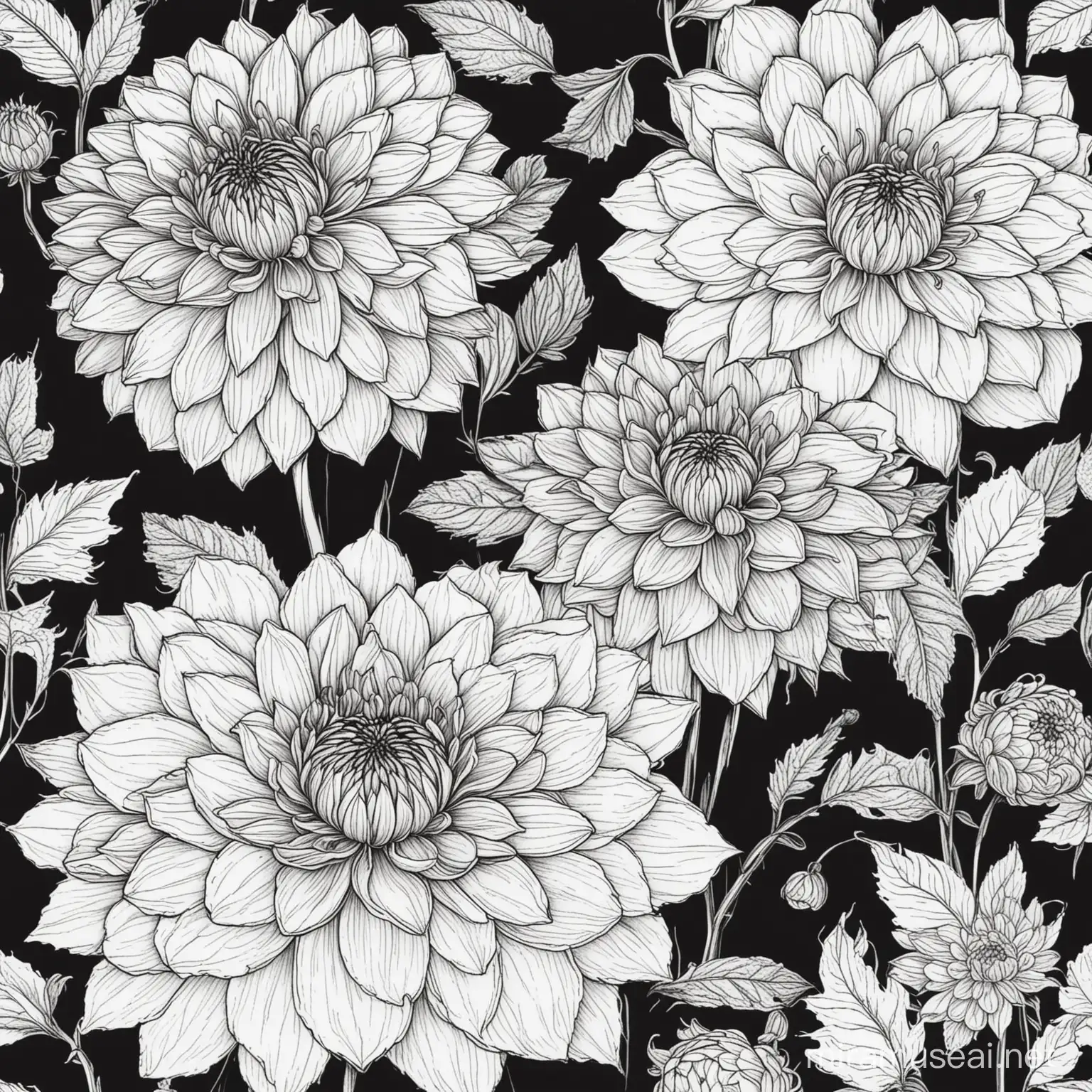line art mixed sized flowers dahlias 