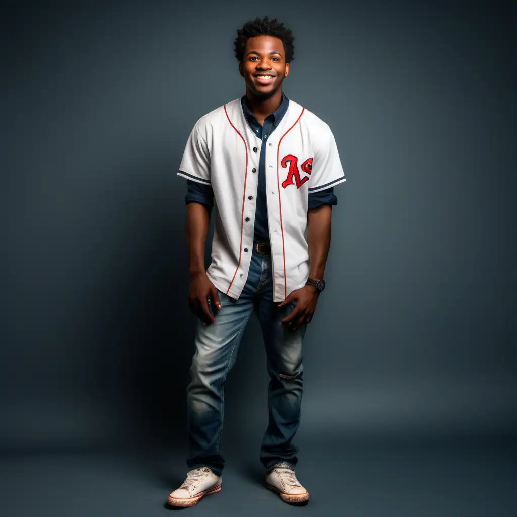 a 24 year old african american man dressed casual full body photo who loves baseball