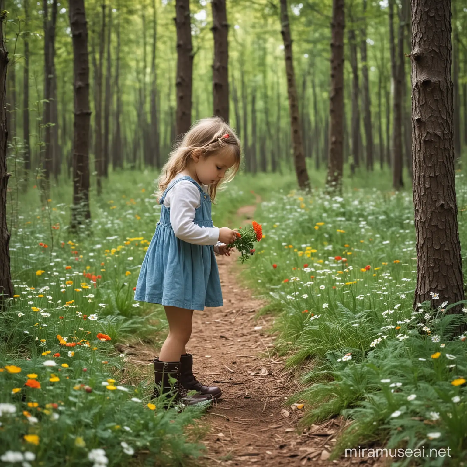 Lav et billede af en lille pige i en skov, pigen samler blomster