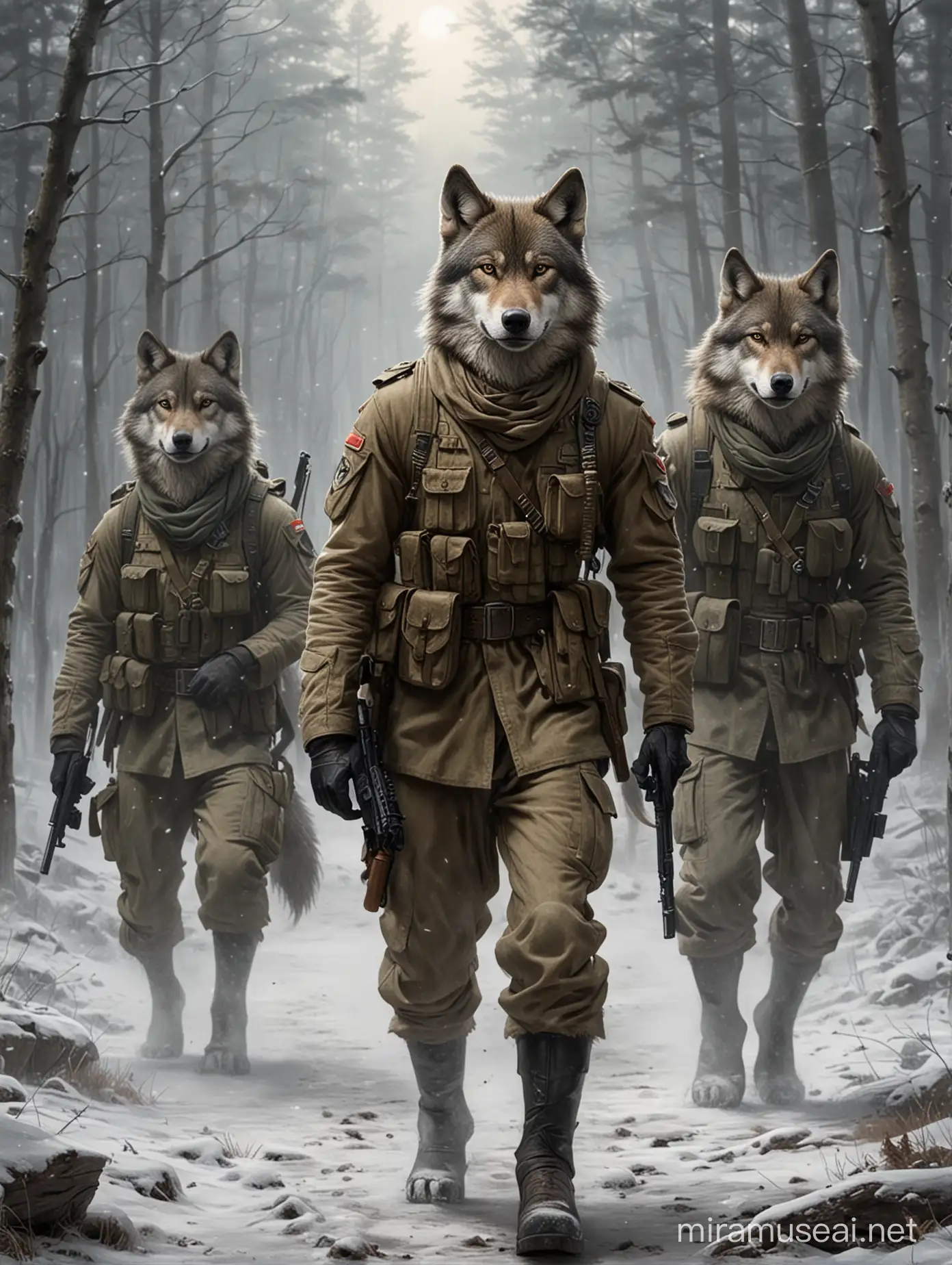 Three Wolf Soldiers Standing Guard in Moonlight