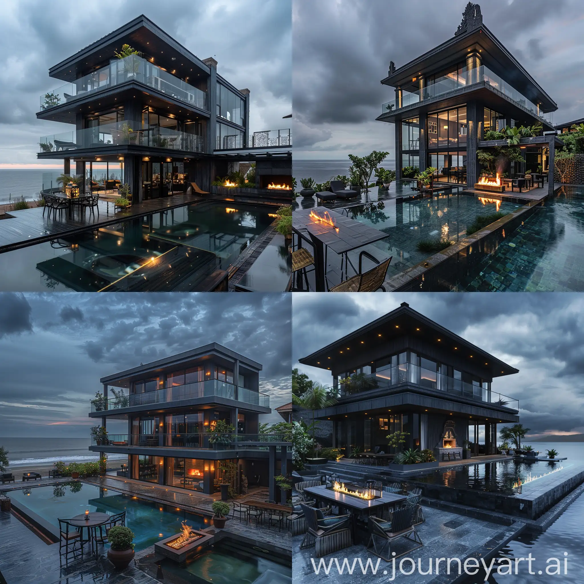 A three-story, black-grey termwood villa with a large glass infinity pool
, soft lighting, landscaped with complete arrangement, table and chairs, plants and jacuzzi, fireplace and fire temple,
 By the seashore, with cloudy weather at the end of the day, real photo