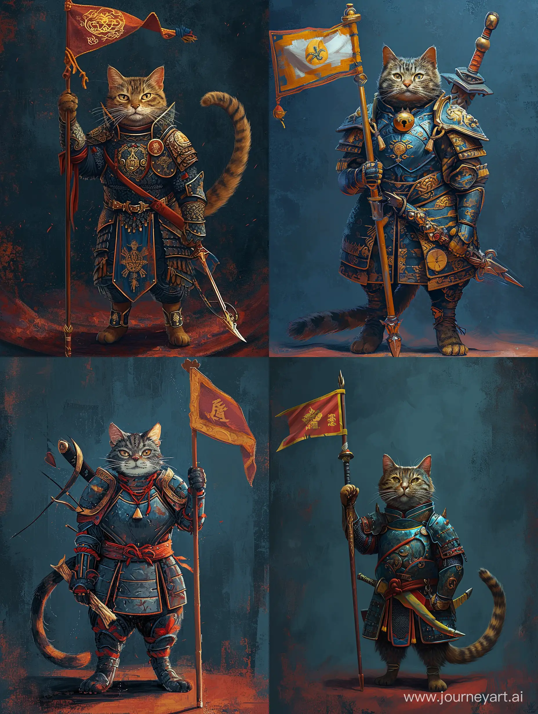 a cat in armor standing with a flag and sword, in the style of dark blue and dark red and yellow, heavily textured, orient-inspired, detailed costumes, cartoonish innocence, painterly technique