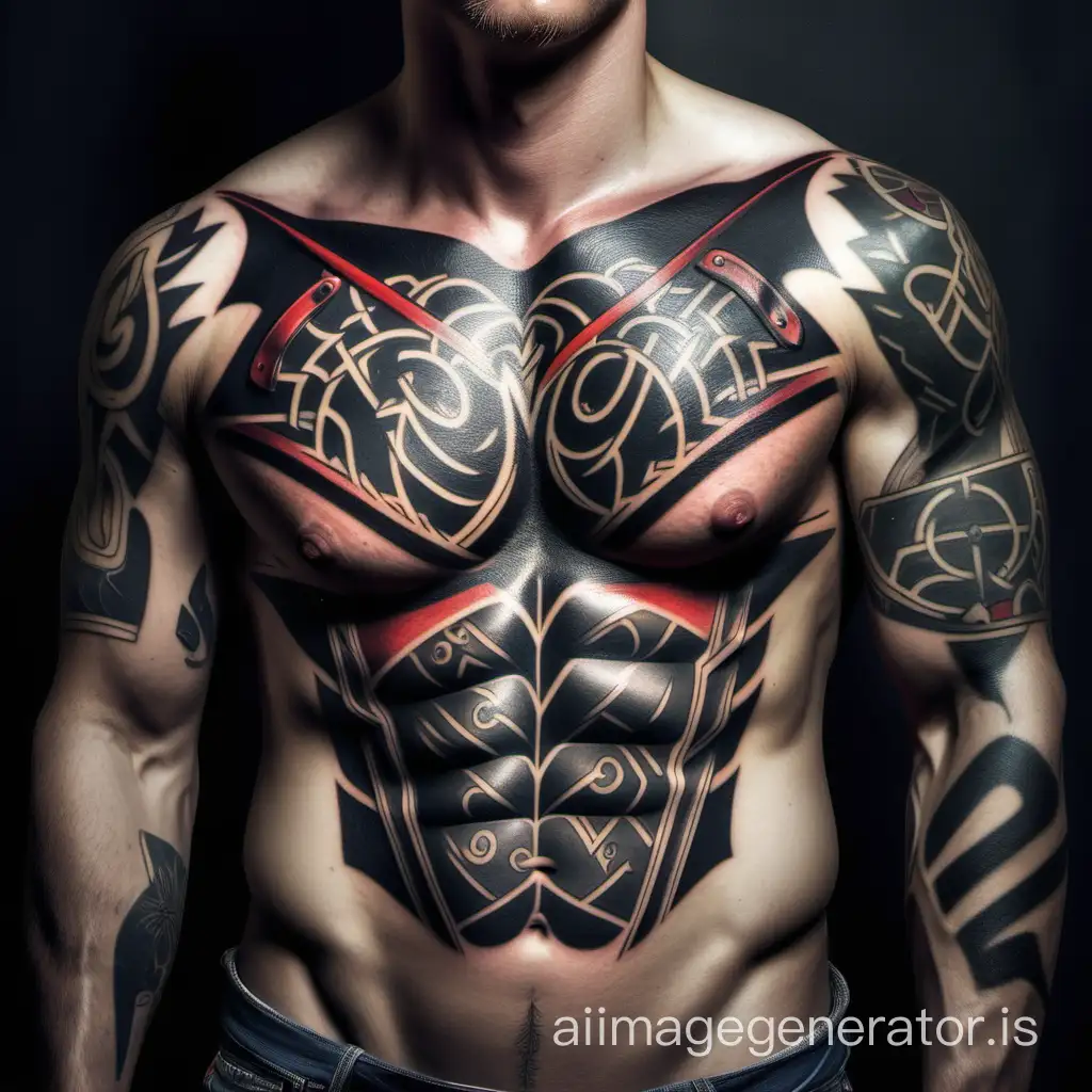 A chest muscular body, is made with a cheap knife and axe tattoos