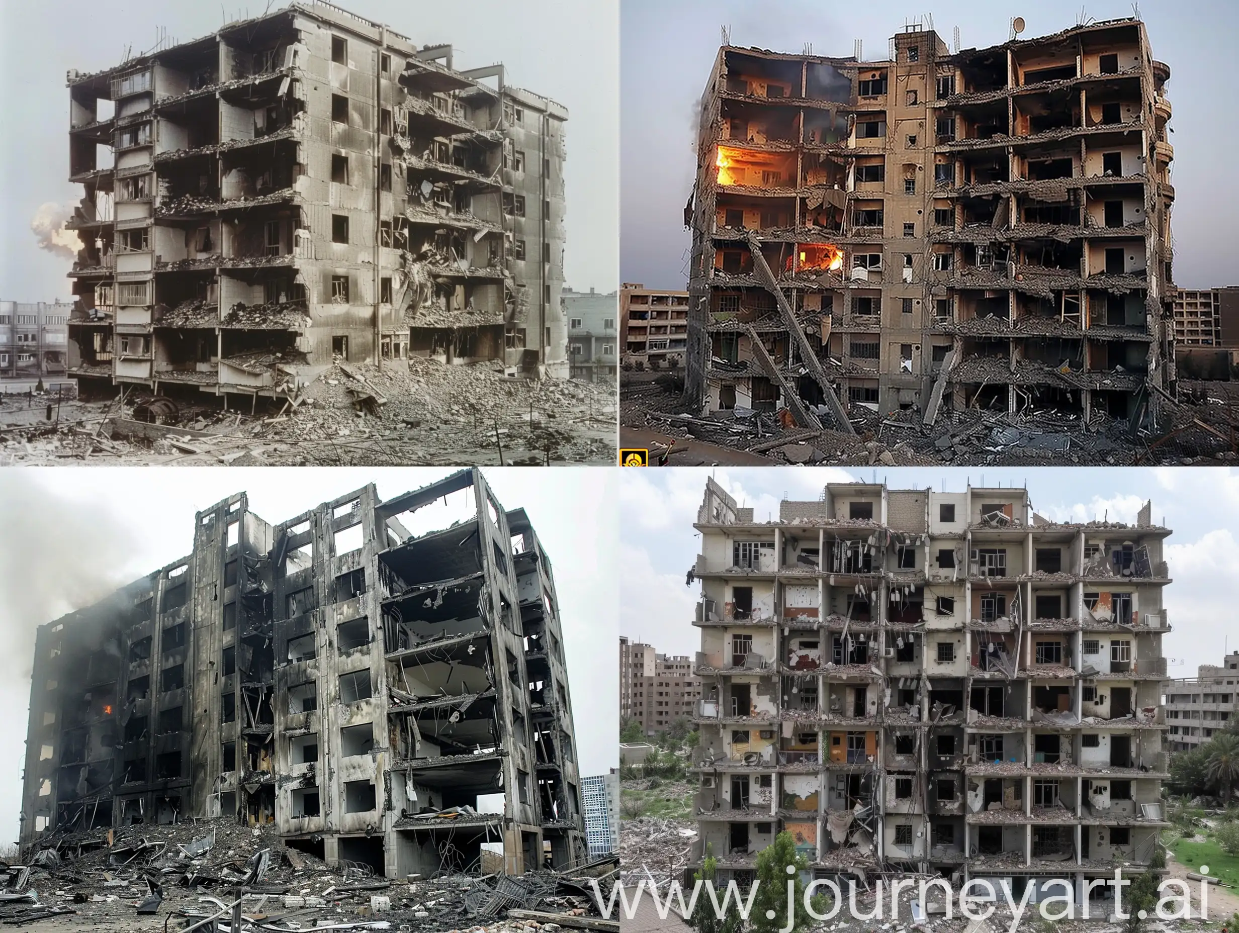 Разрушенный от бомбежек и пожаров пятиэтажный жилой дом