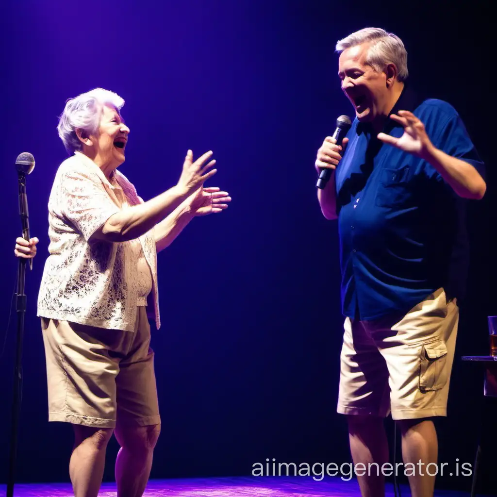 A man with short gray hair, a bit chubby, wearing beige shorts and a dark blue shirt. The man is on a stage on the left side with a glass of whiskey in one hand and a microphone in the other, and the stage is being illuminated with dark purple and dark blue lighting. The photo should be taken from the front of the stage, approximately in the second row of seats. The man is singing and dancing happily facing his mother, a 95-year-old lady, even shorter than him and wearing a white lace dress, and she also dances very happily, albeit very slowly.