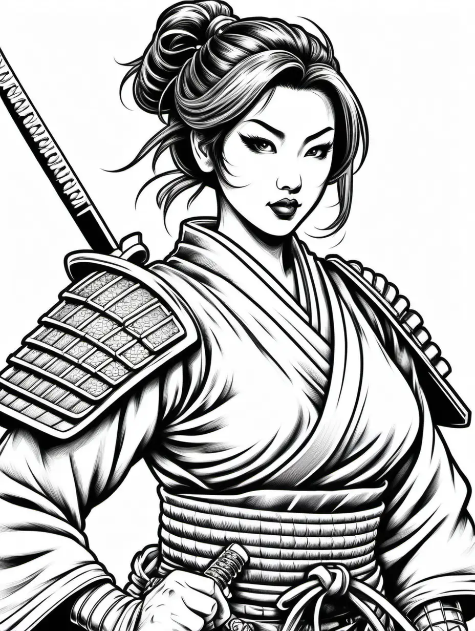 Japanese Girl Samurai Coloring Page for Adults with Intricate Details