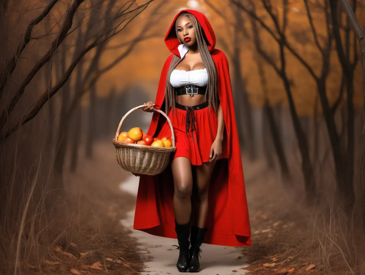 a sexy african American red riding hood with long braids full body shot carry a basket