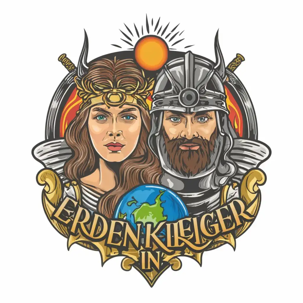 logo, one female warrior and one male warrior protecting sacred earth, beautiful faces,  sketch, , with the text "Erdenkrieger.in", typography, be used in Religious industry