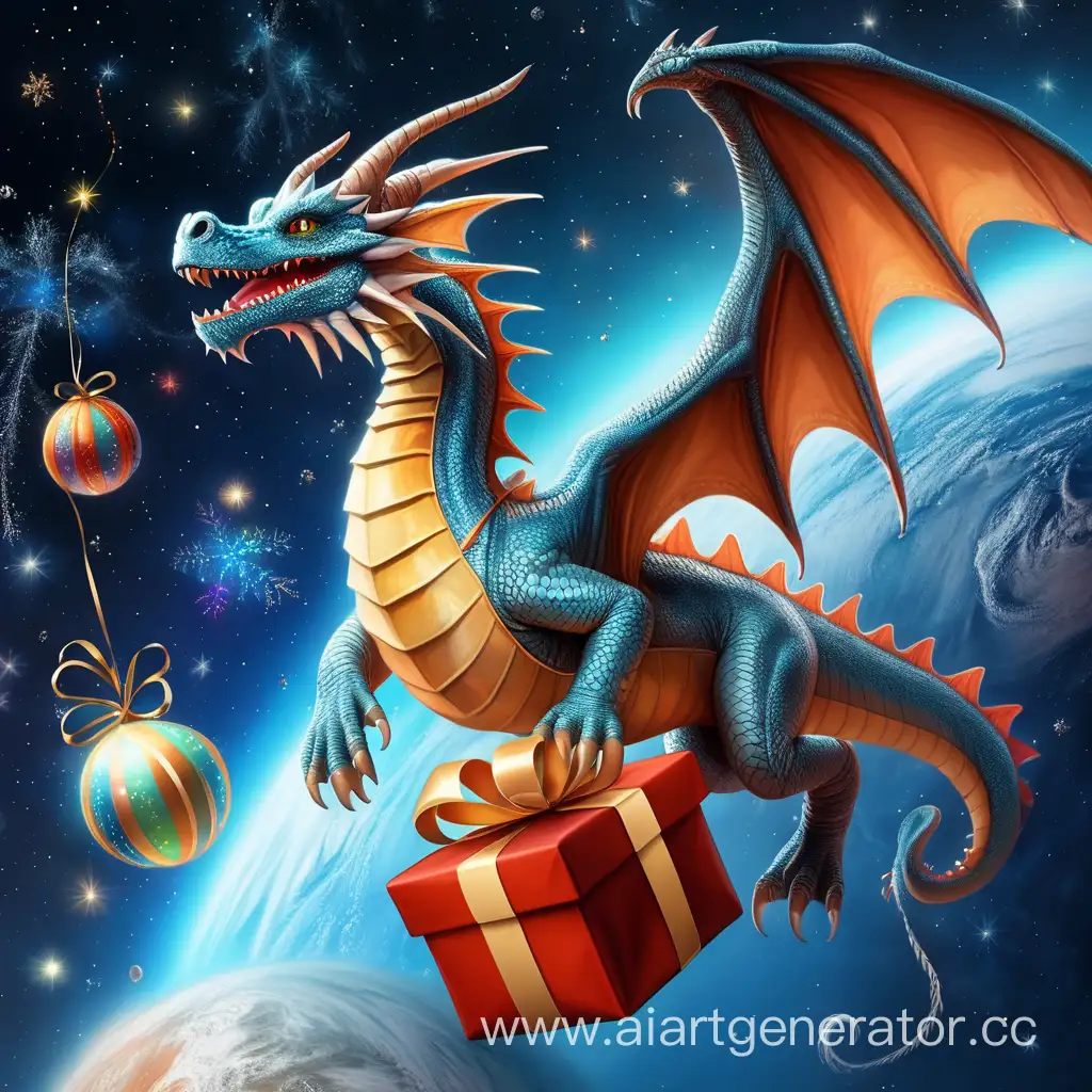 A dragon that flies in space to Earth with gifts for the new year
