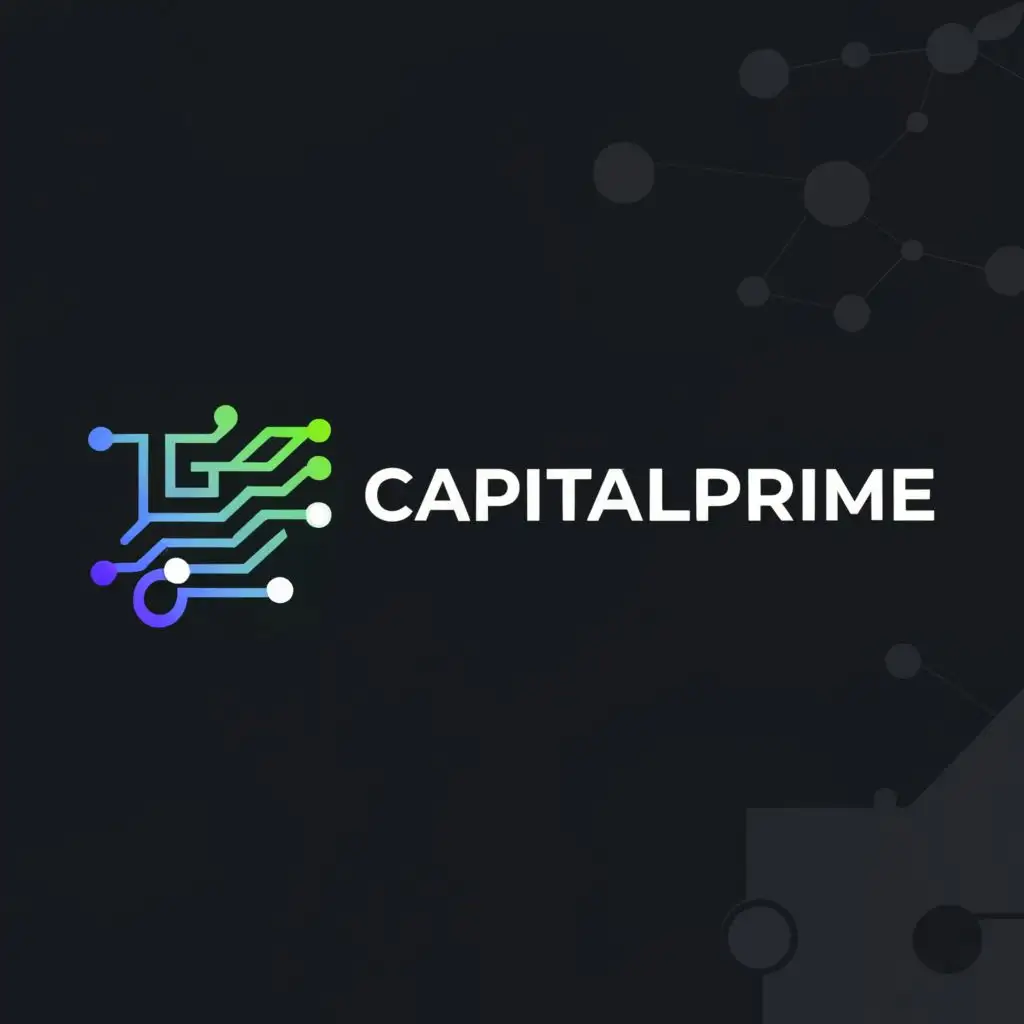 logo, A small robotic circuit logo on the left, large white font Capital Prime, black background and smooth flow, with the text "Capital Prime", typography, be used in Finance industry