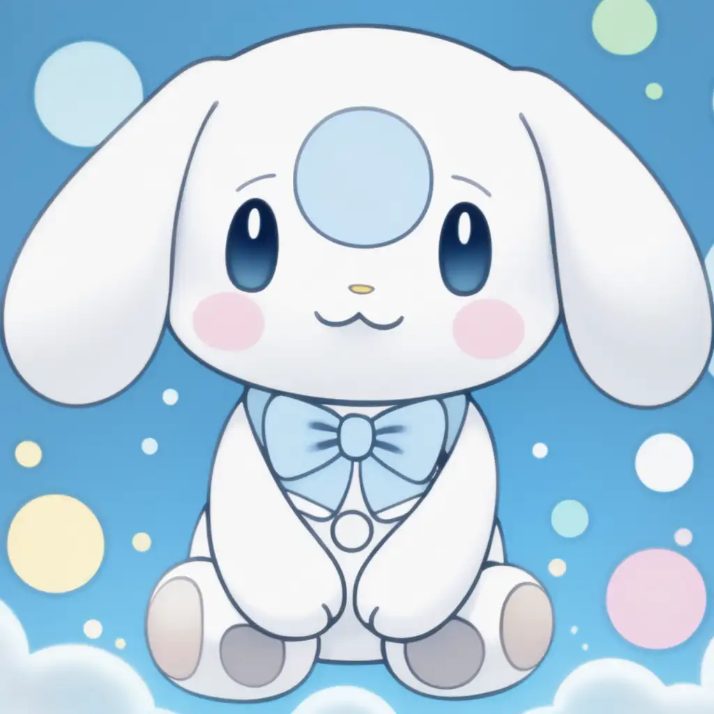 image cinnamoroll . her body is all white. her eyes are closed and its shape is just a small circles in light blue color for her pupils. she has no accessories or marking





