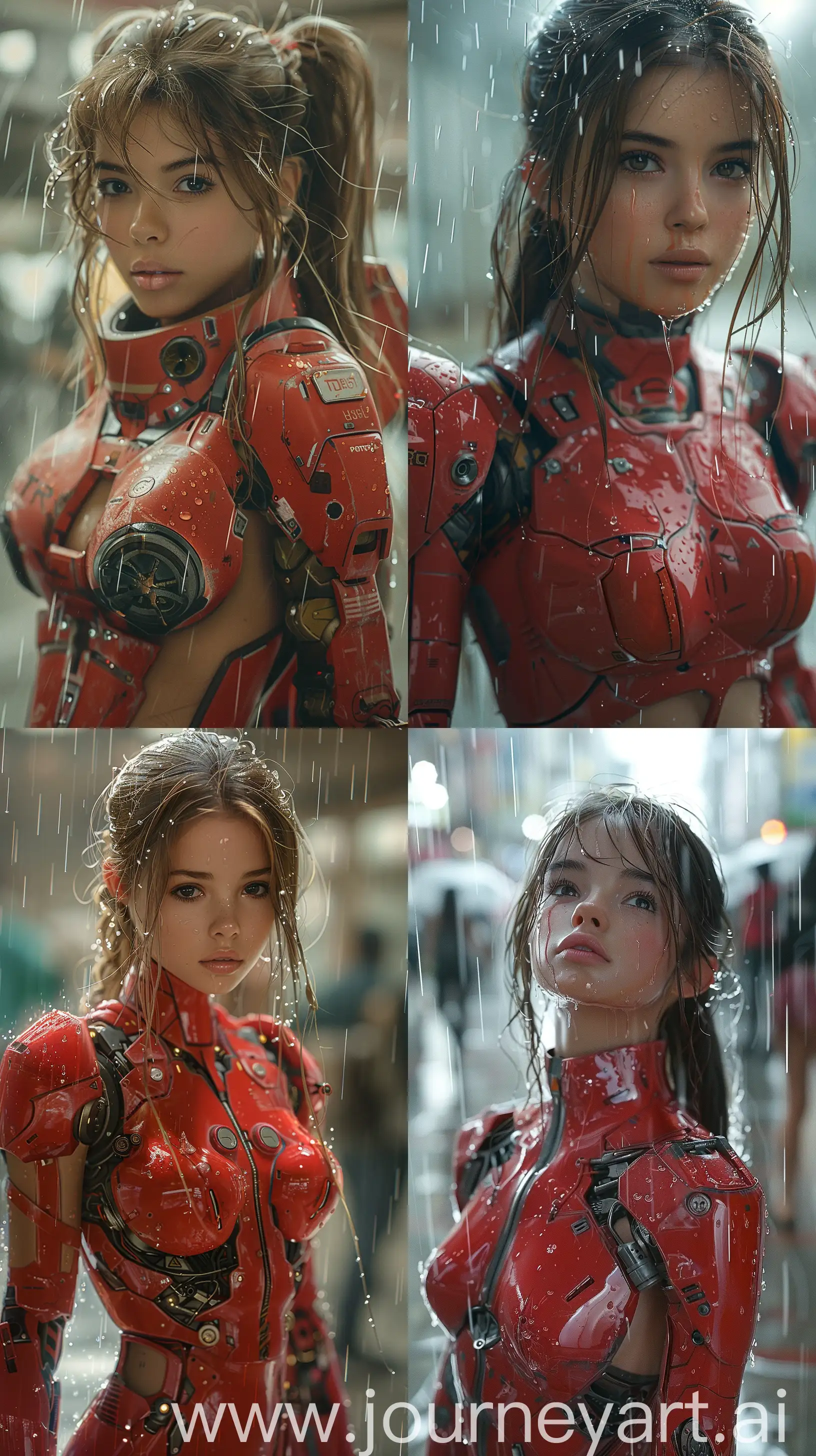 Young-Girl-in-Detailed-Hyperrealistic-Red-Robot-Suit-Standing-in-Rain