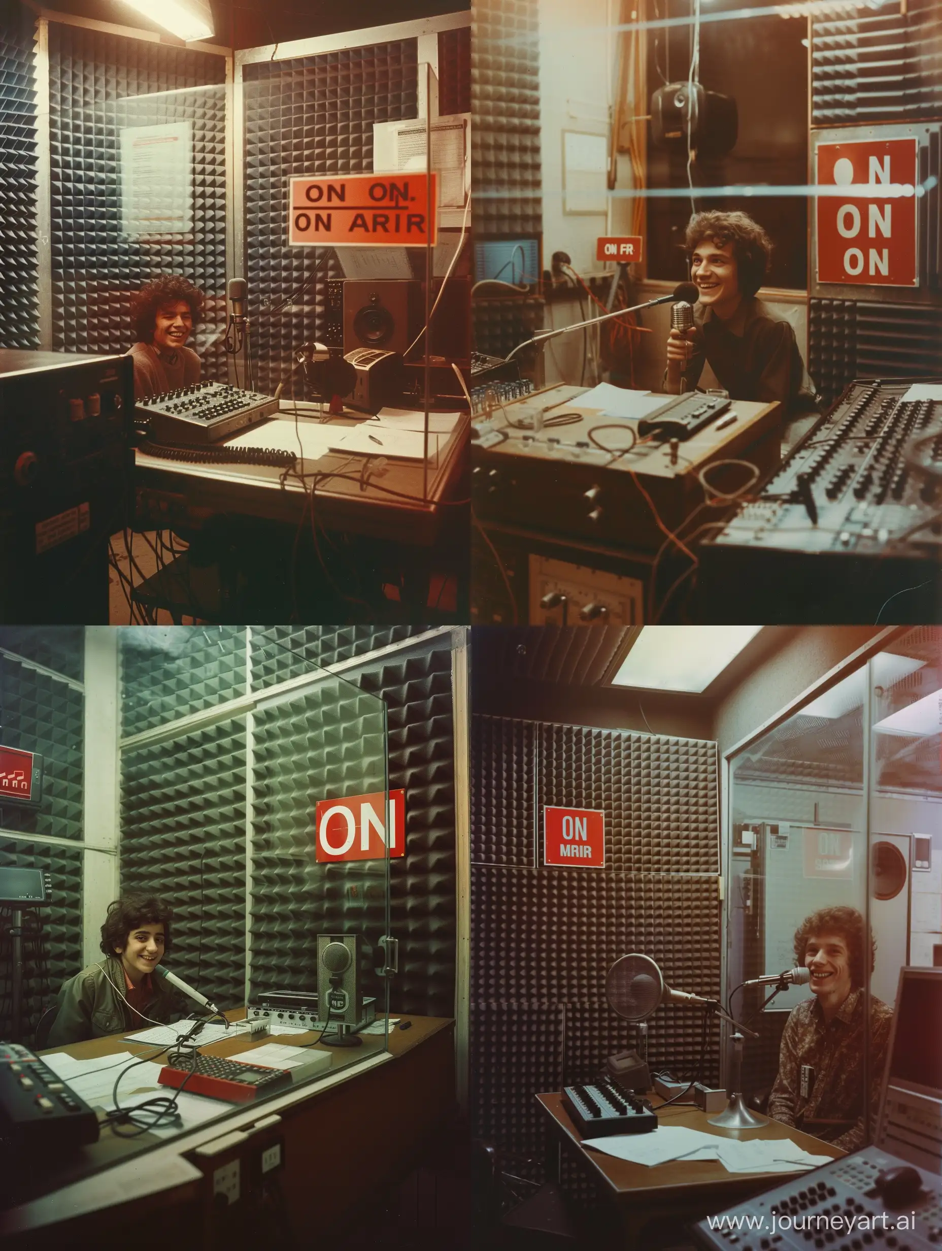 color photo of an Italian radio station in 1980. a young speaker is in the recording room and smiles into the microphone. the room with little light has walls covered with sound-absorbing material. in it there is the table with the notes on it, the microphone and a small mixer and, in front of the speaker, a large transparent glass that separates the control room. on the side wall there is a red "on air" sign. the shot is at speaker height with a lateral three-quarter angle