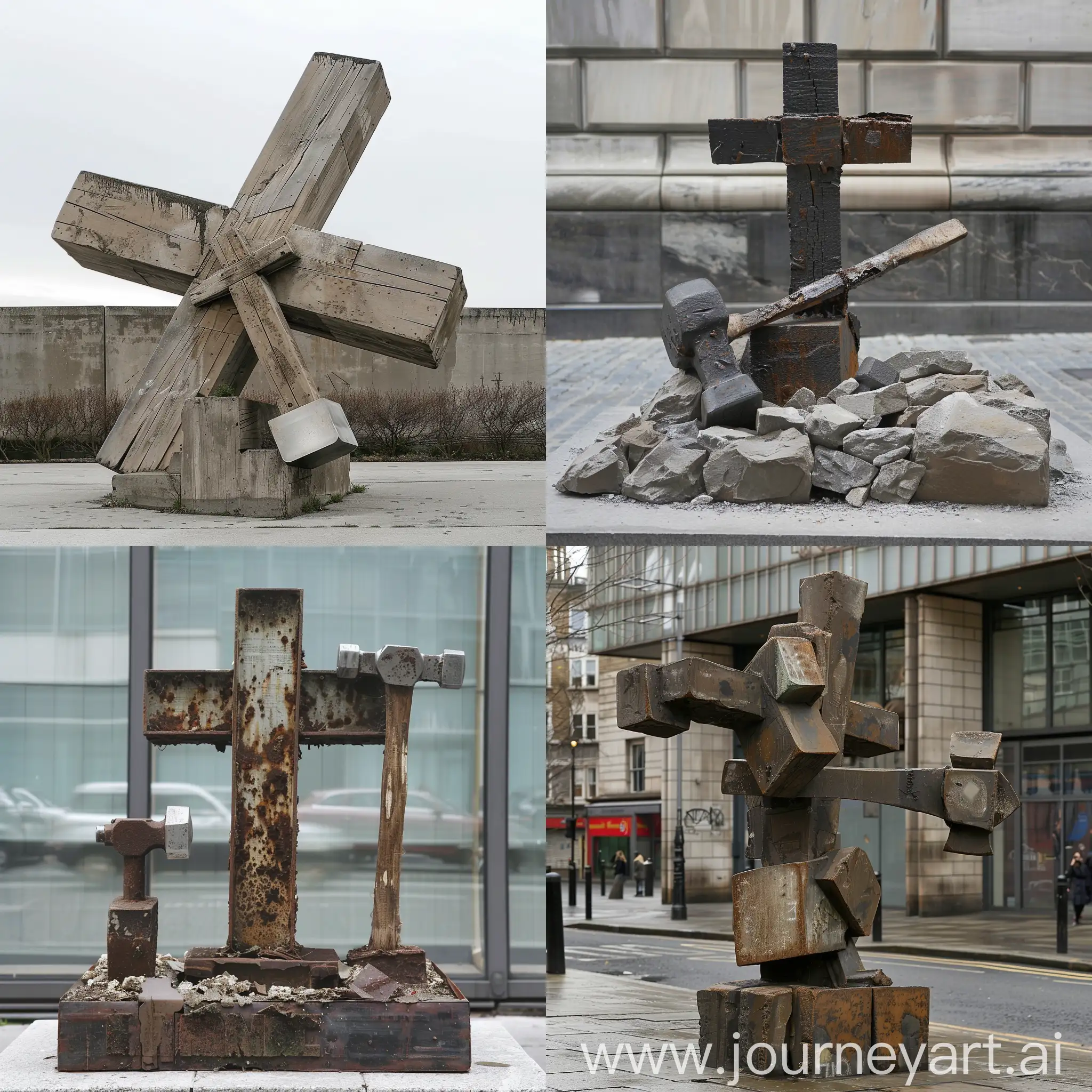 escultura urbana deconstruida basada en una cruz y un martillo