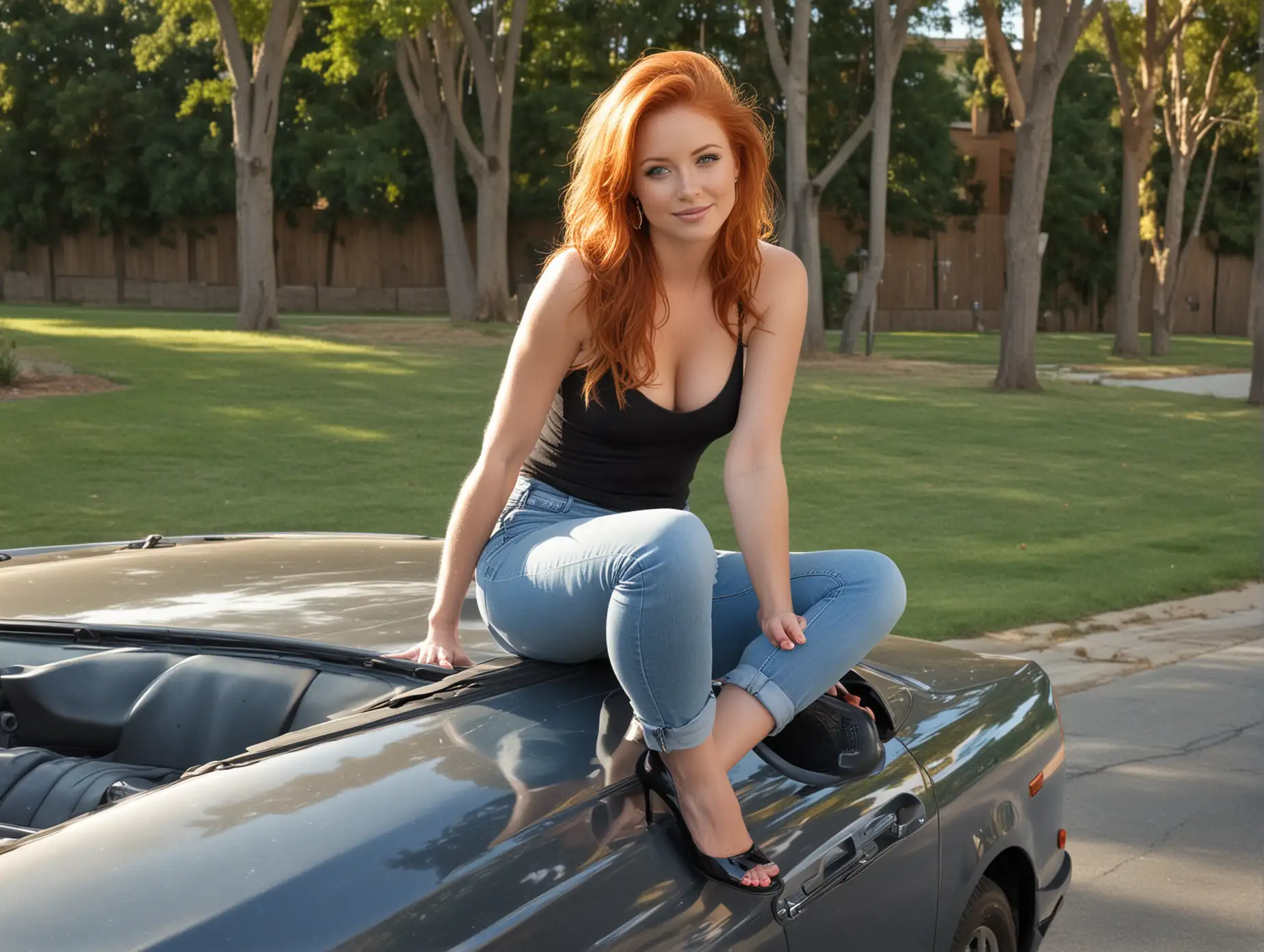 beautiful 26 year old woman,med red  hair,blue eyes,30 year old blond, jeans,halter top,high heels,full figure,Beautiful blond ,30 years old sitting on hood of car,full figure 