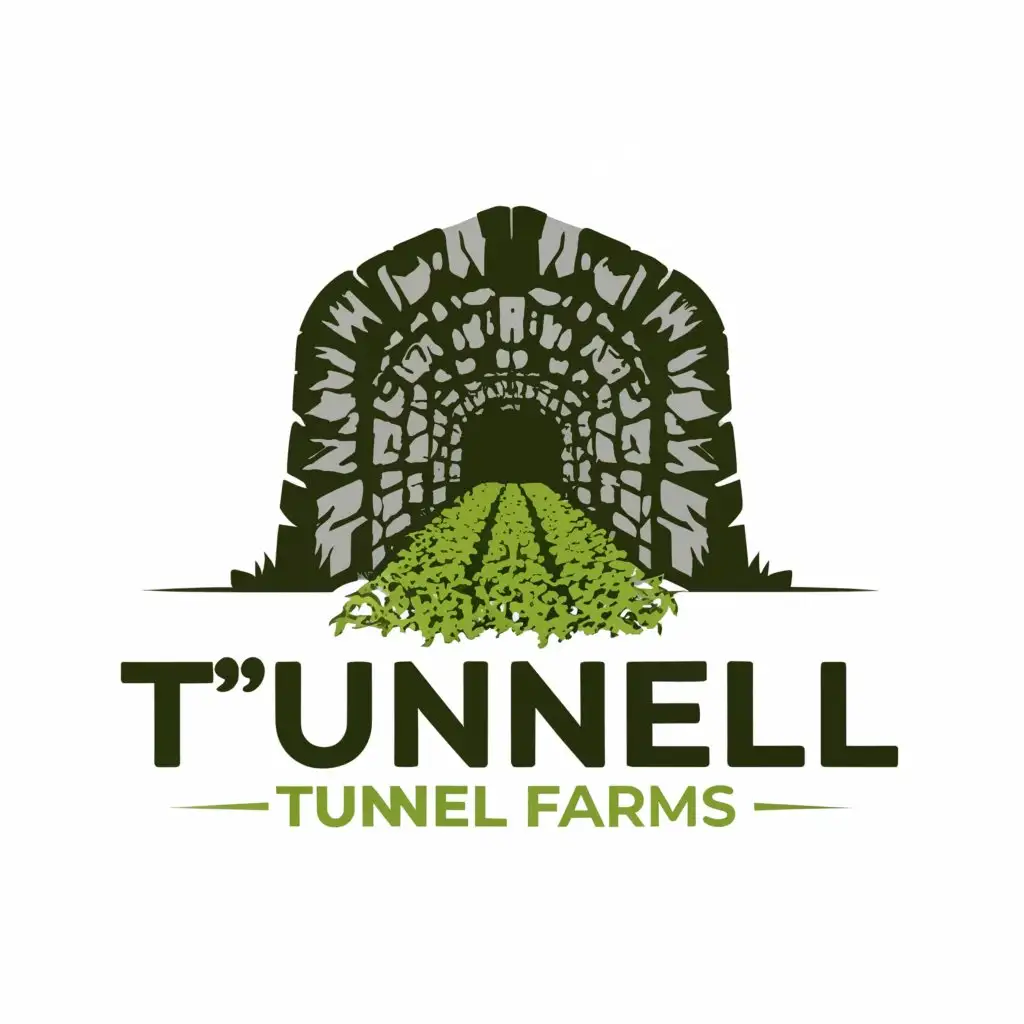 a logo design,with the text "Tunnel Farms
Est. 2021", main symbol:An old railroad tunnel made of stone that is dark grey in color with a green corn field being visible when looking through the tunnel.,Moderate,clear background