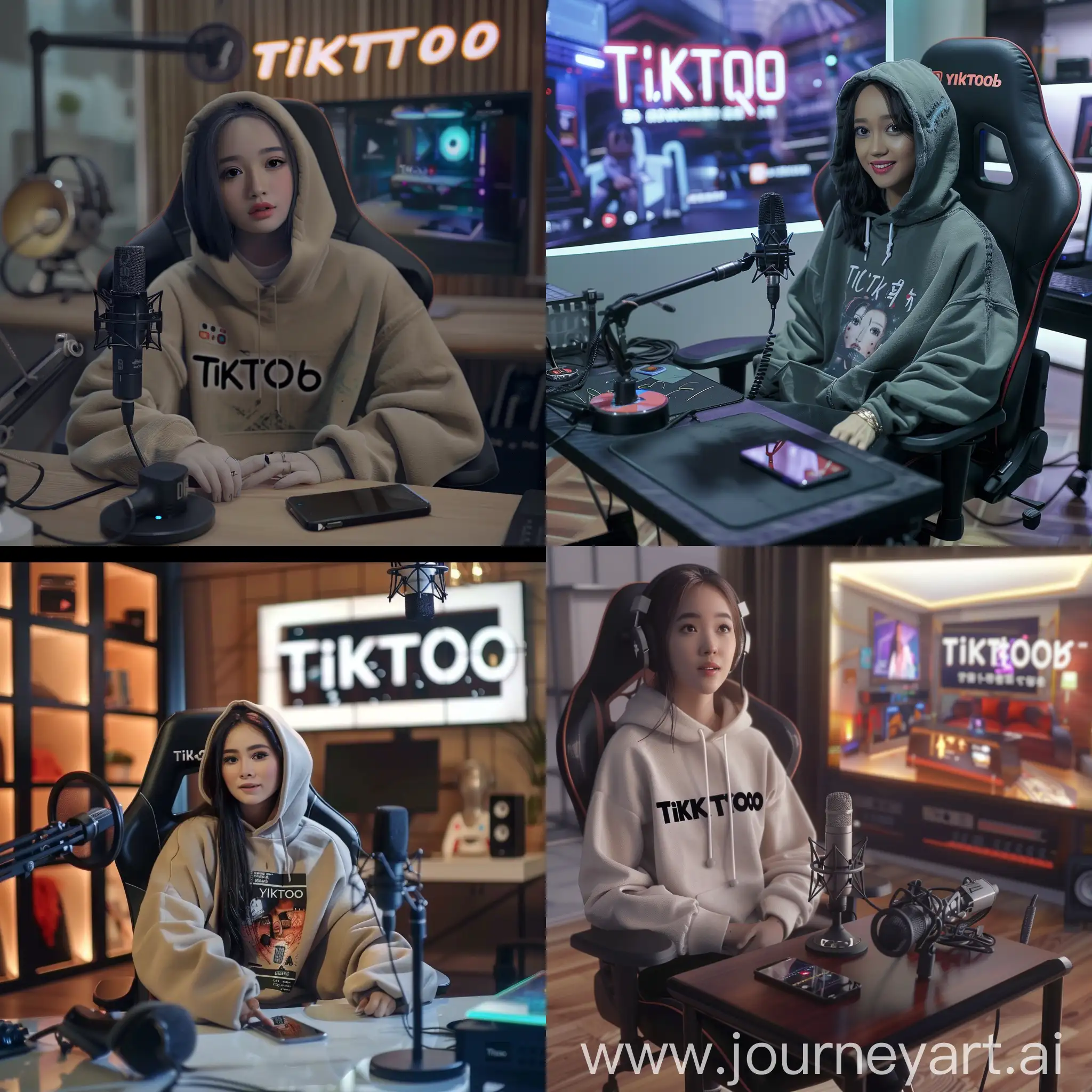 A 32-year-old Indonesian woman is podcasting on the TikTok app, sitting on a gaming chair wearing a 'yanie' hoodie. In front of her, there is a microphone and an Apple phone on the table, with a realistic HD background of a room with 'TIKTOK' written on it.
