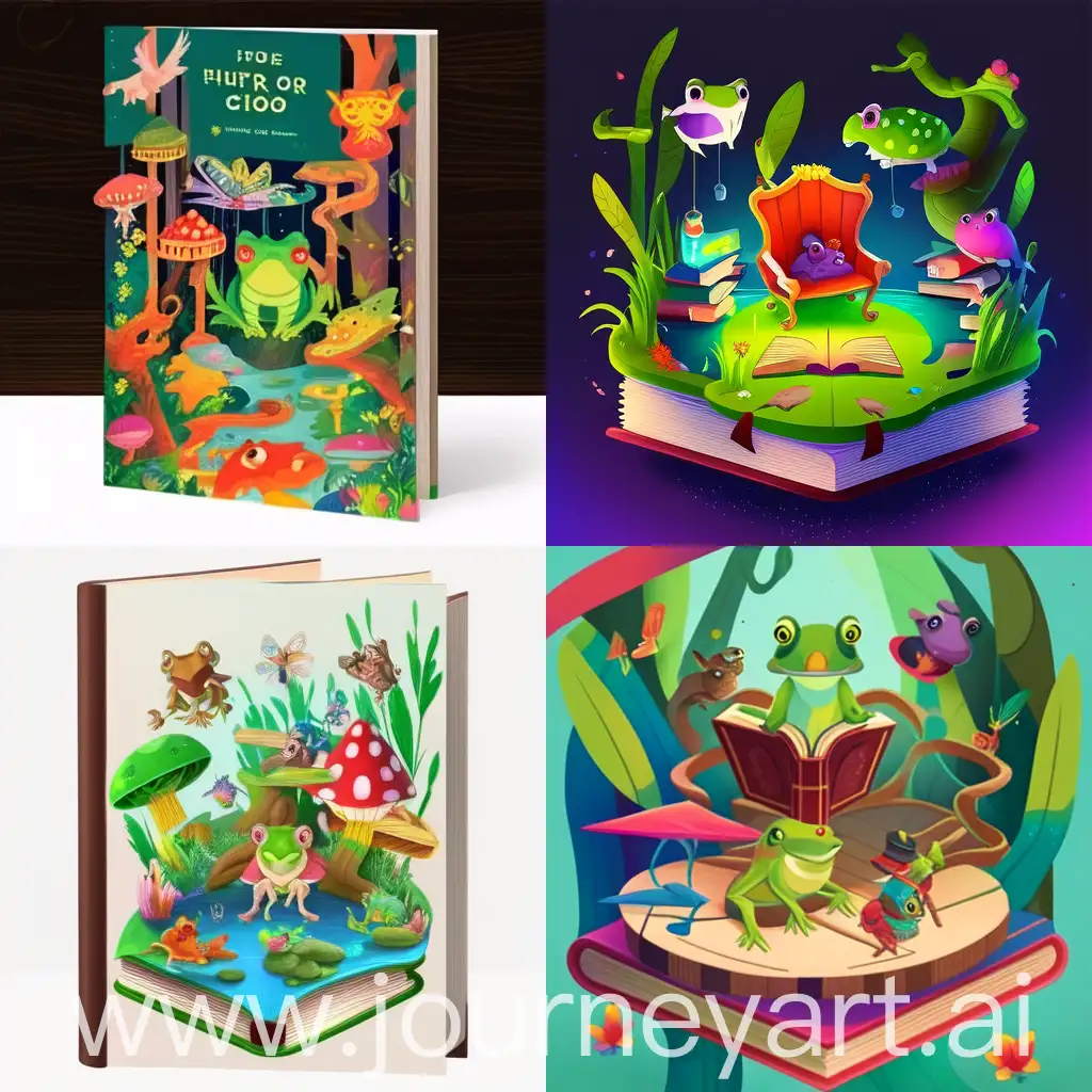 'Designed in the style of a woodland animal fairy tale ((hexagonal wooden pop bar, owner frog and several frogs))(focus) with several frogs sitting on stools drinking, this book features enchanting and friendly characters on a vibrant, colorful background to capture the attention and spark the imagination of young readers.