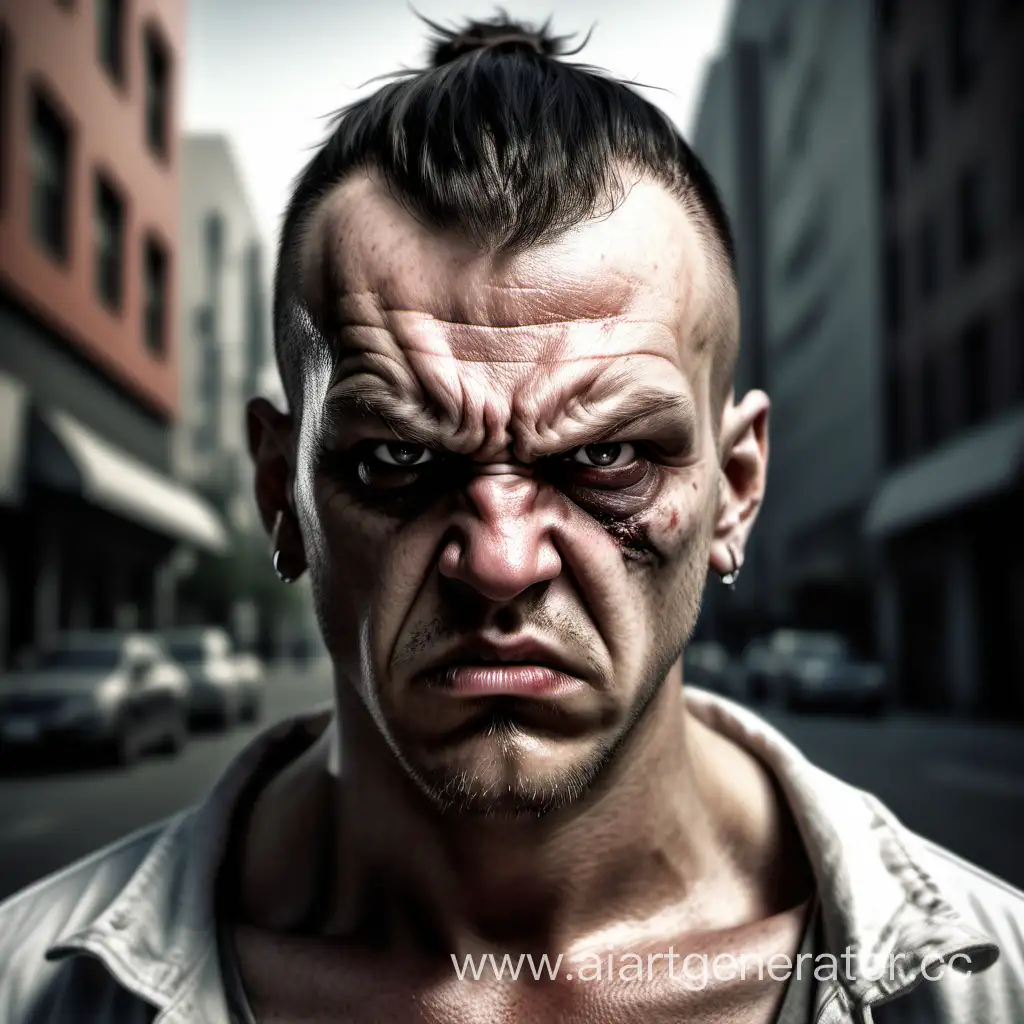 Street thug, looking at you, modern, realistic, human, white, aggresive, angry