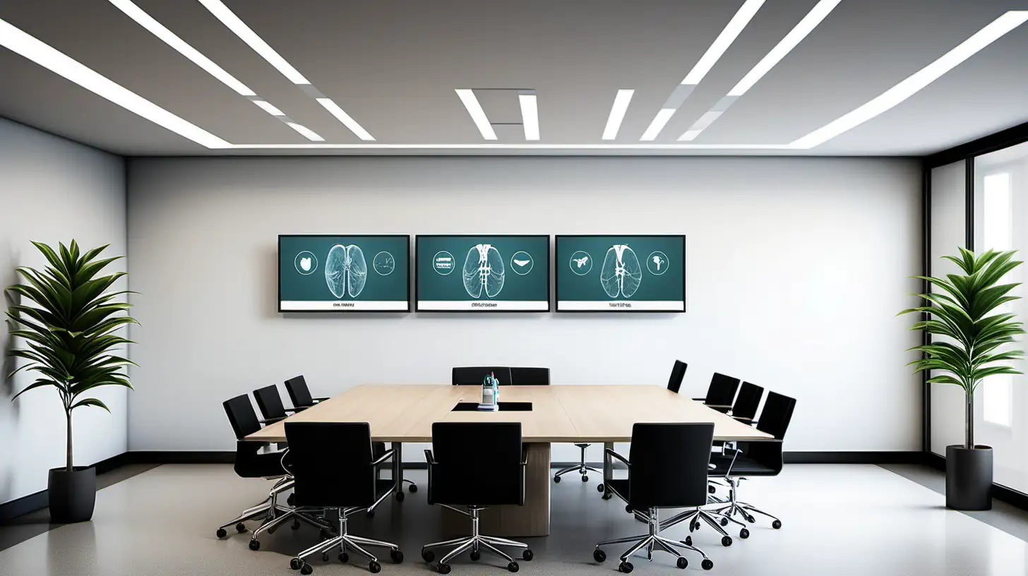 Design a modern minimalist meeting room in a healthcare medical office environment. 3 tv displays should be mounted on the wall (all side by side) in front of the room. 