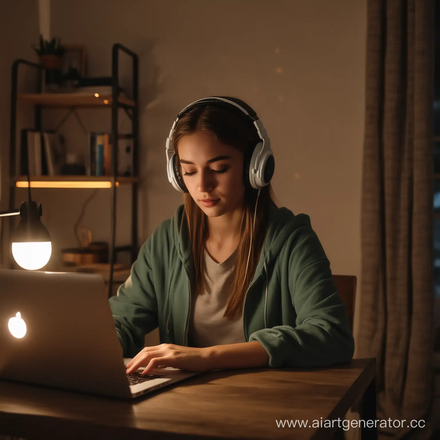 Girl-in-Headphones-Working-on-Laptop-in-Cozy-Room