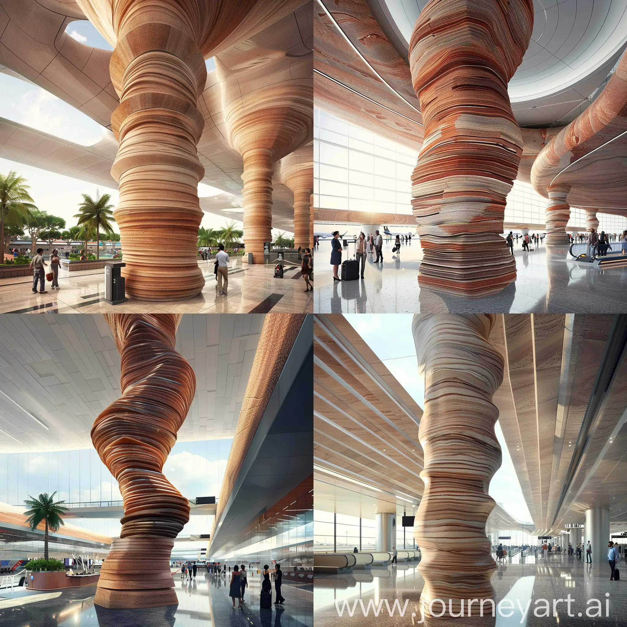 Imagine a futuristic airport column, crafted from layers of laterite stone, standing tall and proud in the midst of a bustling terminal. Its sleek and organic design seamlessly blends modern architecture with natural elements, creating a truly unique and visually stunning structure."