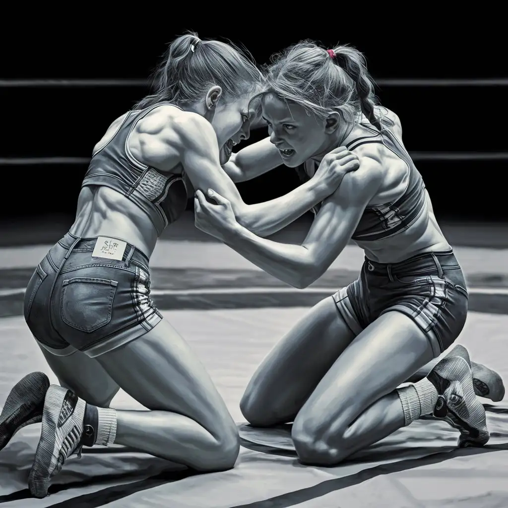 only two teen girls fighting each other on a wrestling mat anatomically correct dressed in jean
 shorts 