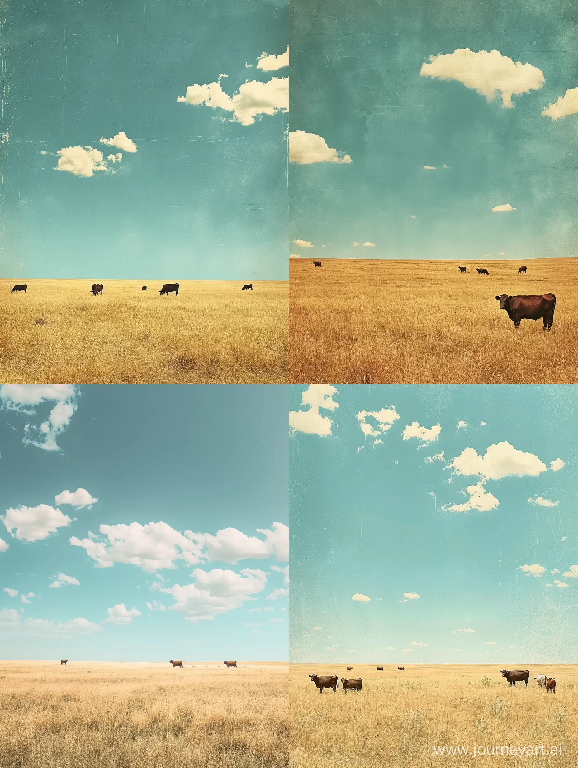 the middle of a huge field some cows far away light blue sky with some white clouds  in old style illustration, highly detailed, ,high quality, cs 5:7