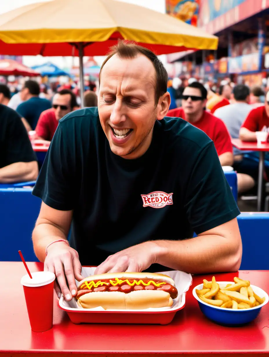 Joey Chestnut back to us sitting at a foldable red table at Coney Island eating a chili dog 