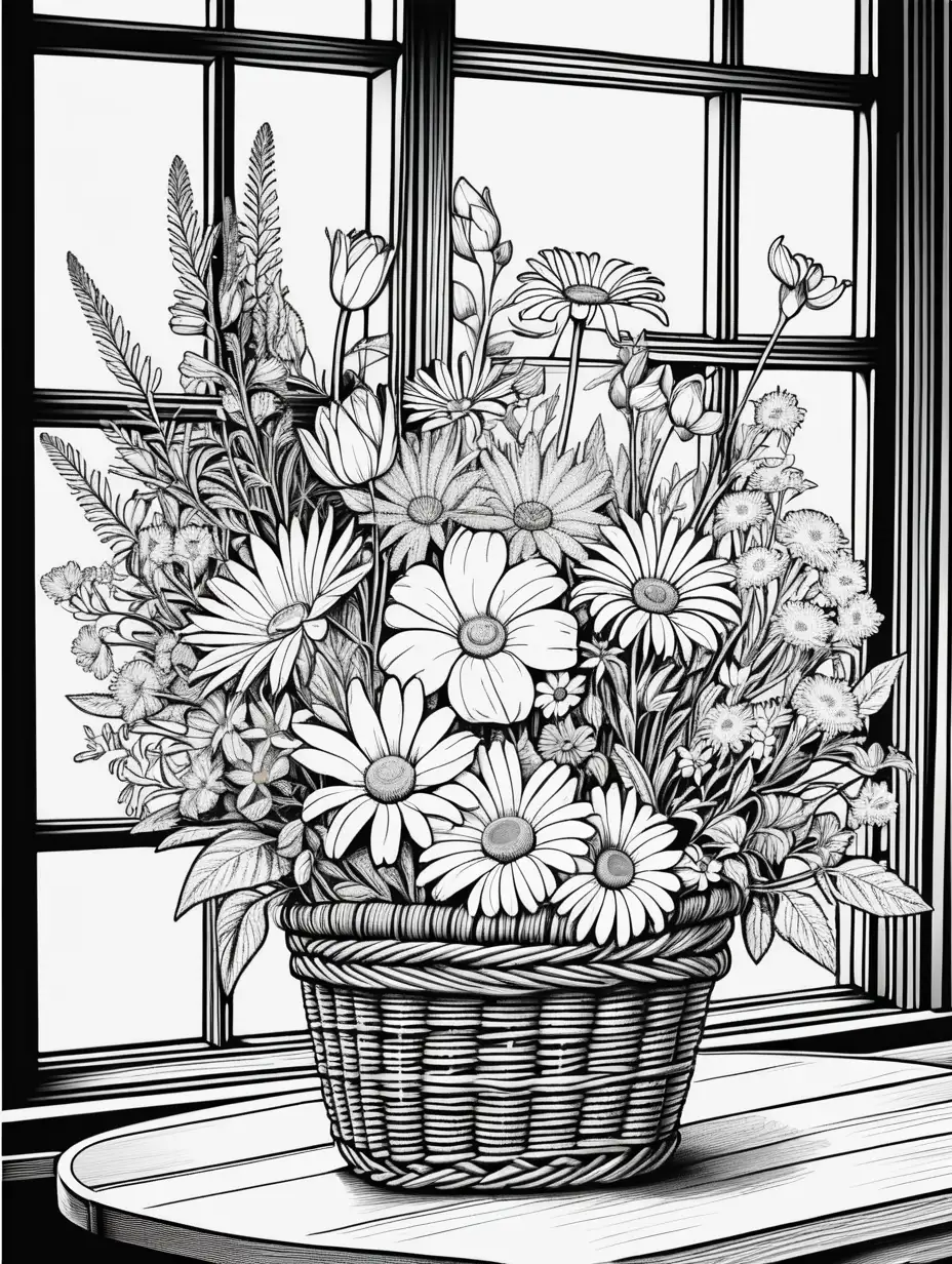 A bouquet of beautiful wild flowers in a wicker basket on the table by the window black and white coloring page, cartoon style, thin lines, few details, no background, no shadows, no greys