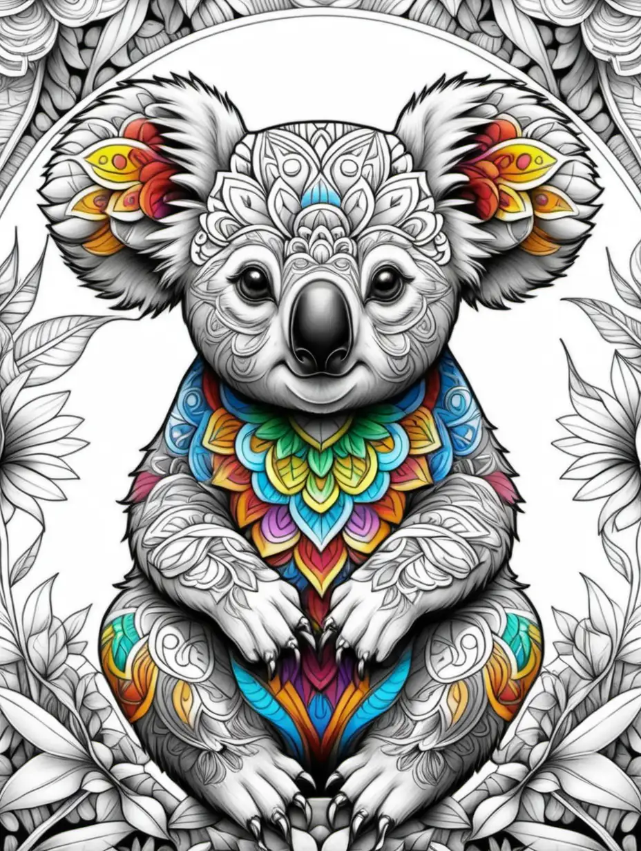  adult coloring book, mandala koala, high detail, no shading, vivid color


