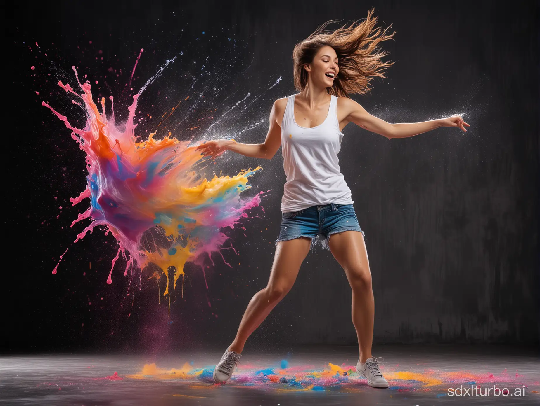 A beautiful and playful woman wearing a white tank top and short jeans dress, dancing in the vibrant splashes of colorful liquid, almost like paint, mid-air against a dark background. The vivid colors stand out dramatically, creating an energetic and dynamic effect. It's as if each color has its own personality, leaping and interacting with the others. The way the light reflects off the liquids adds depth and intensity to the scene. It's a visually captivating and highly aesthetic representation of motion and color contrast.