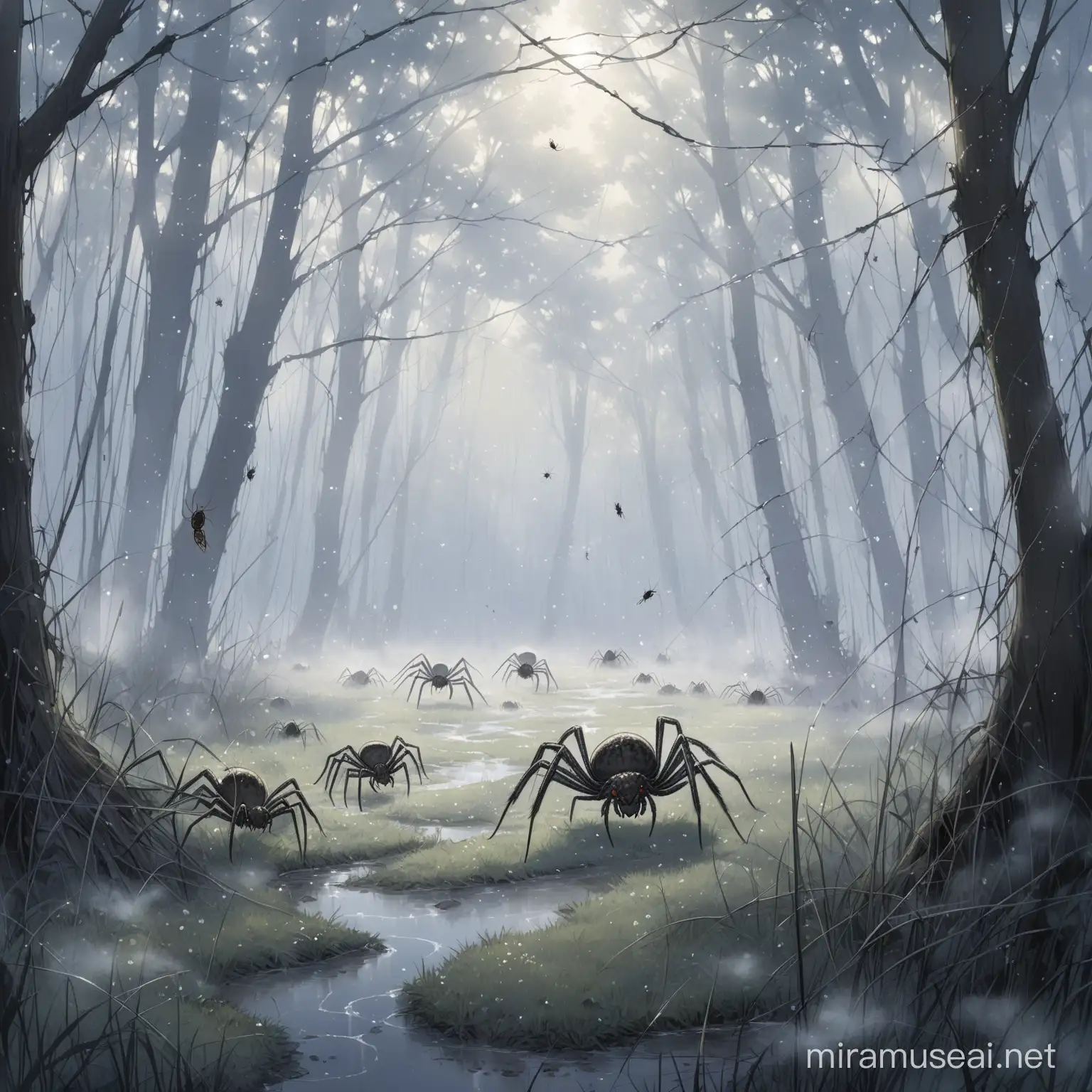 Серебристый туман плотным потоком вылетает из земли и раскидывает в стороны больших пауков и повреждая их
