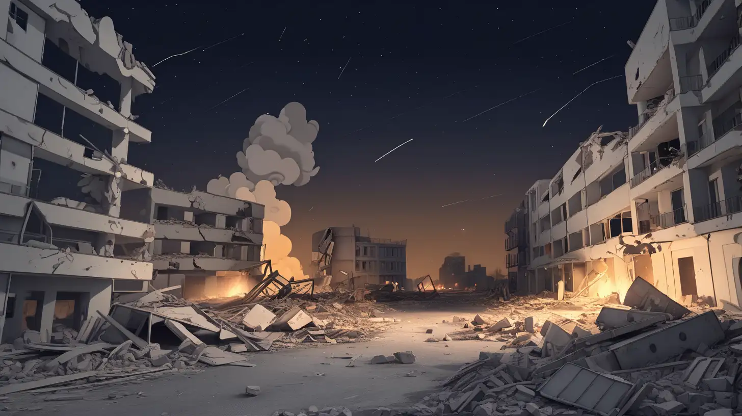 Generate a cartoon image of destruction at the empty location like a war happened, night time..