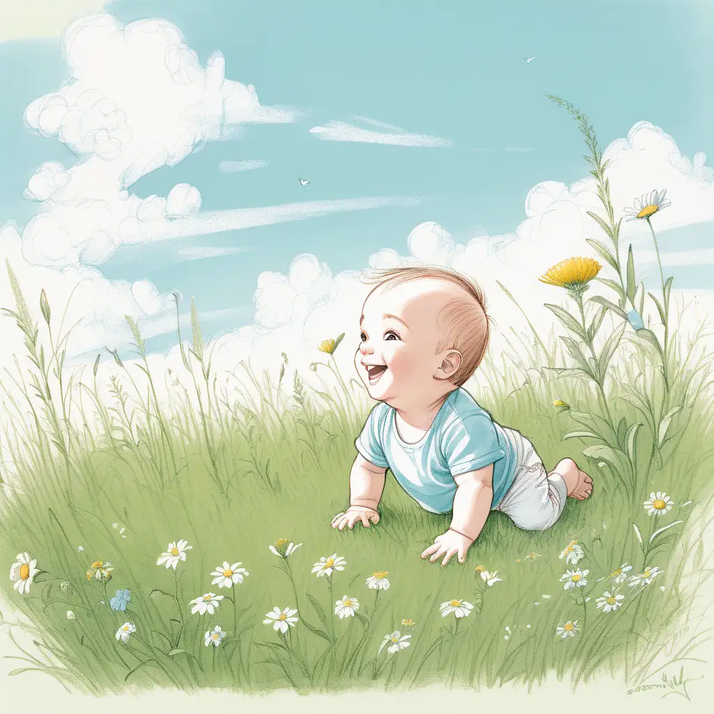 A sketch of a green grassy meadow with some wild flowers, a light blue sky with some white clouds, and a smiling baby crawling in the grass, shown from his profile, drawn in the style of a rom-com book cover
