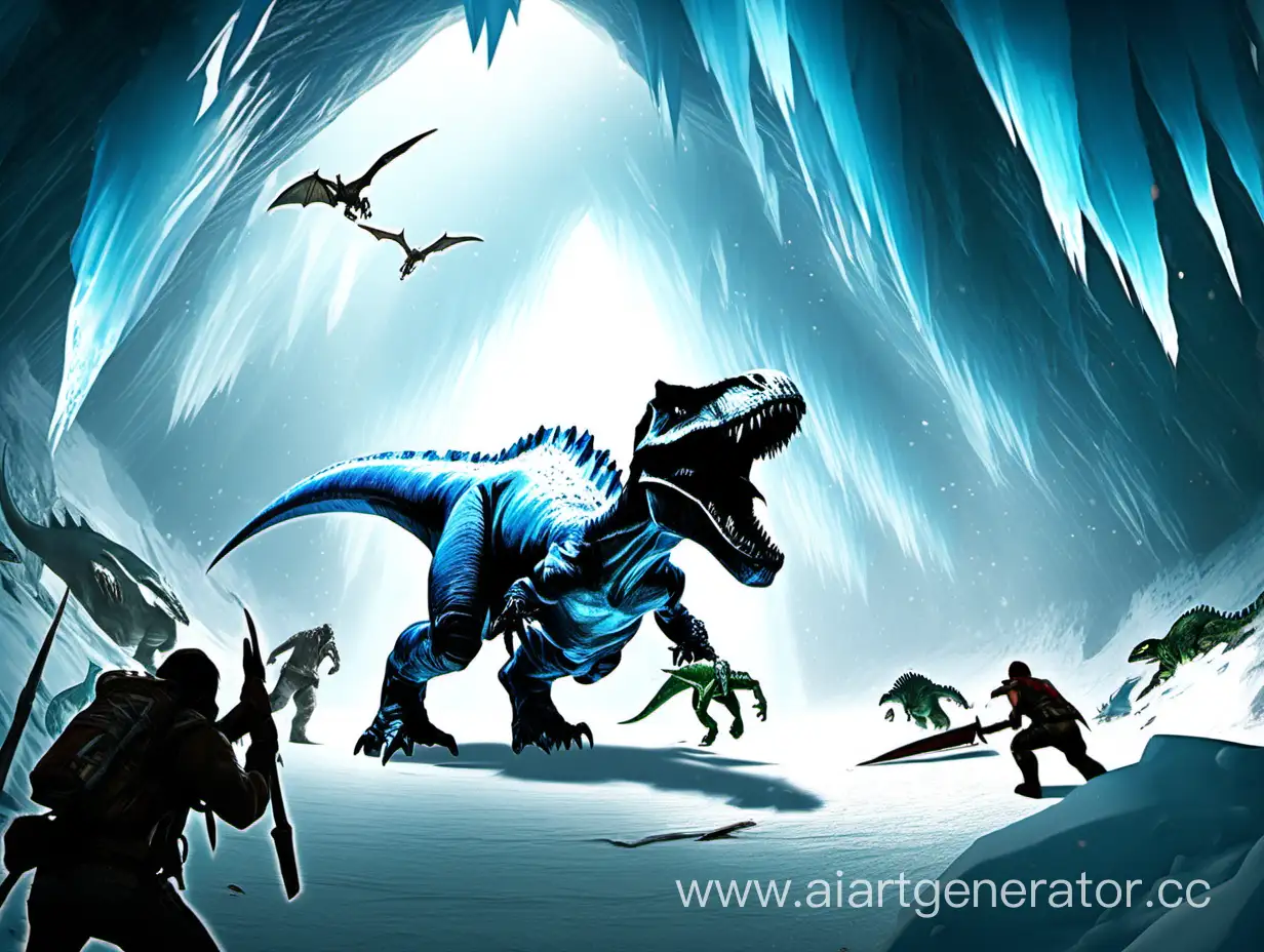 Draw an ice cave being attacked in the game Ark Survival, with the character from the game being attacked by a dinosaur in the center.