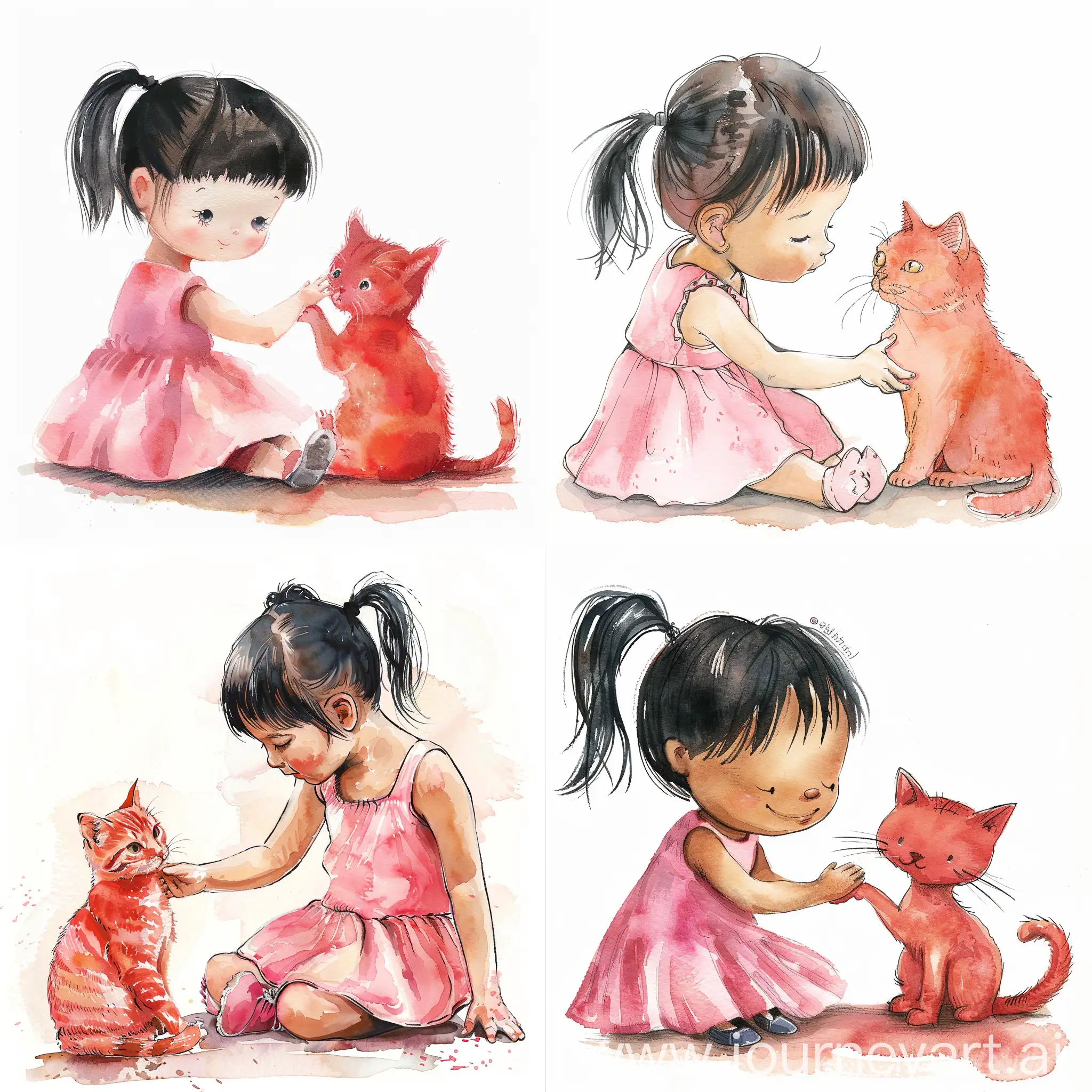 a little girl with black pigtails in a pink dress sat down and stroked a red cat, in high quality watercolor style
