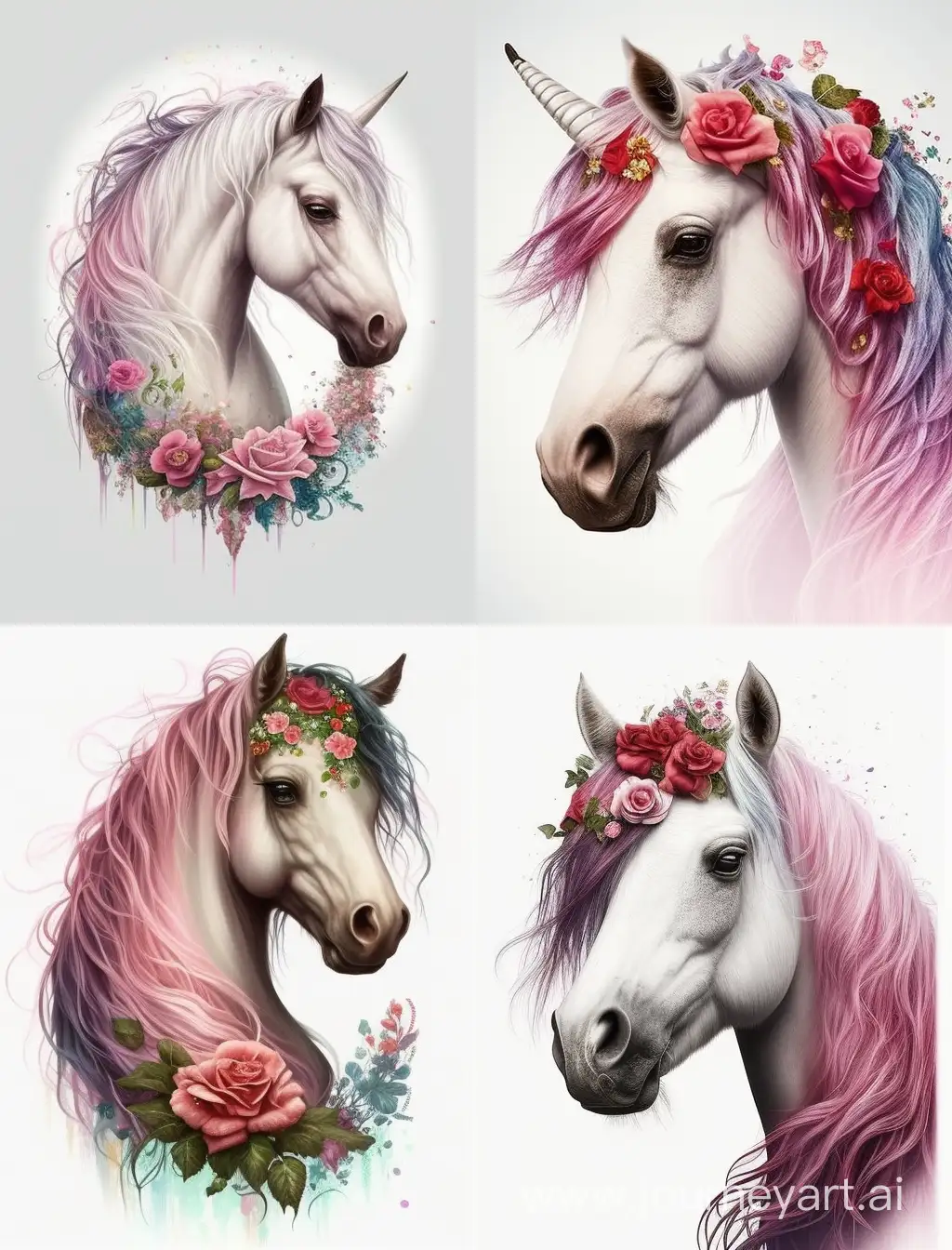 white background. pony, pink skin, rainbow mane, stars, roses