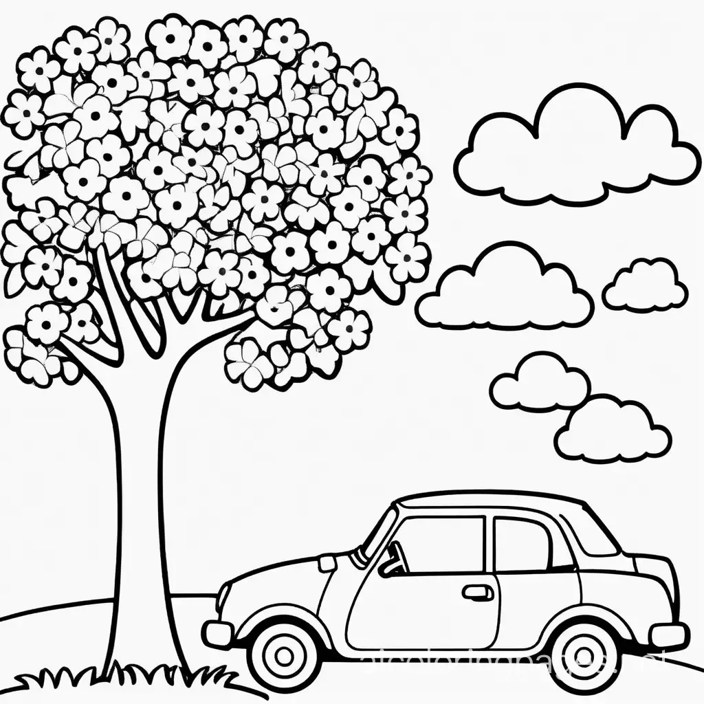 flower, tree, car, simple, Coloring Page, black and white, line art, white background, Simplicity, Ample White Space. The background of the coloring page is plain white to make it easy for young children to color within the lines. The outlines of all the subjects are easy to distinguish, making it simple for kids to color without too much difficulty