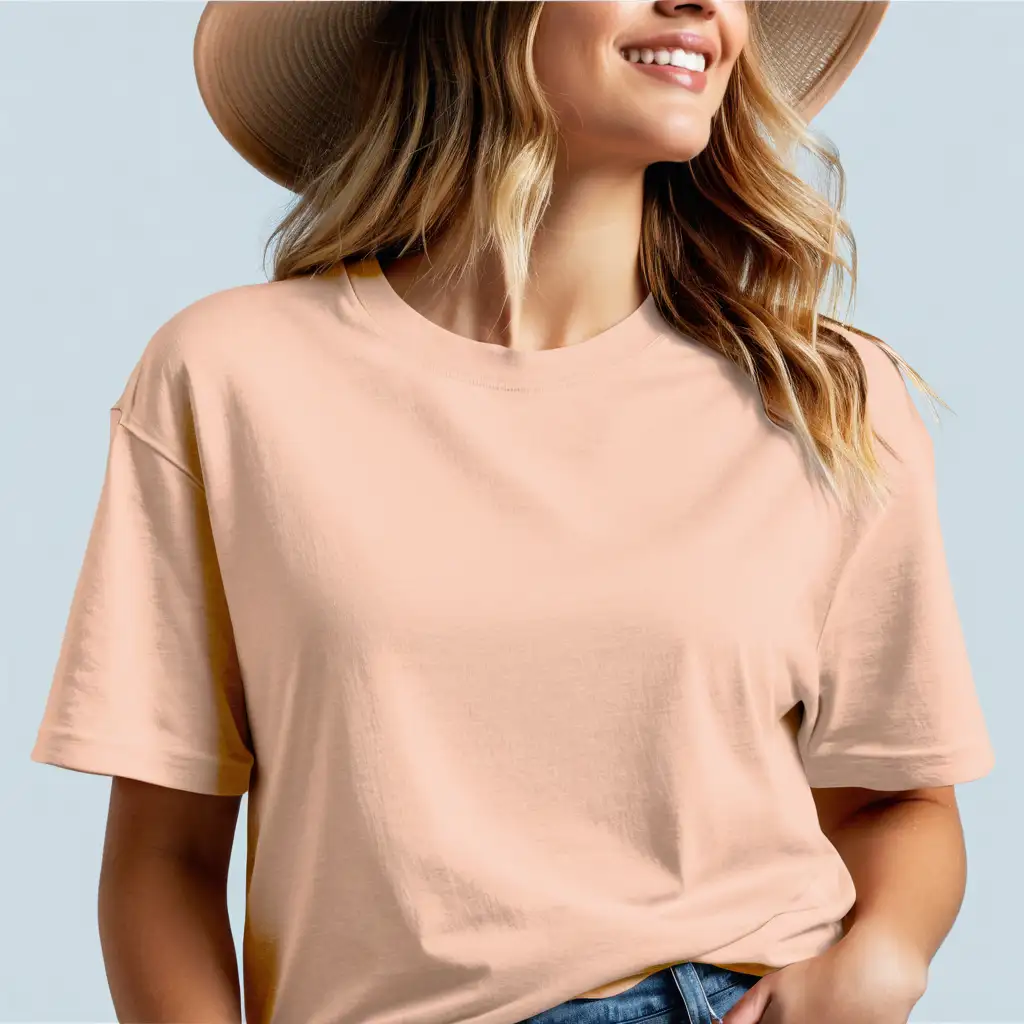 realistic blonde woman wearing bella canvas 3001 heather peach color oversized t-shirt mockup, no deformation,
