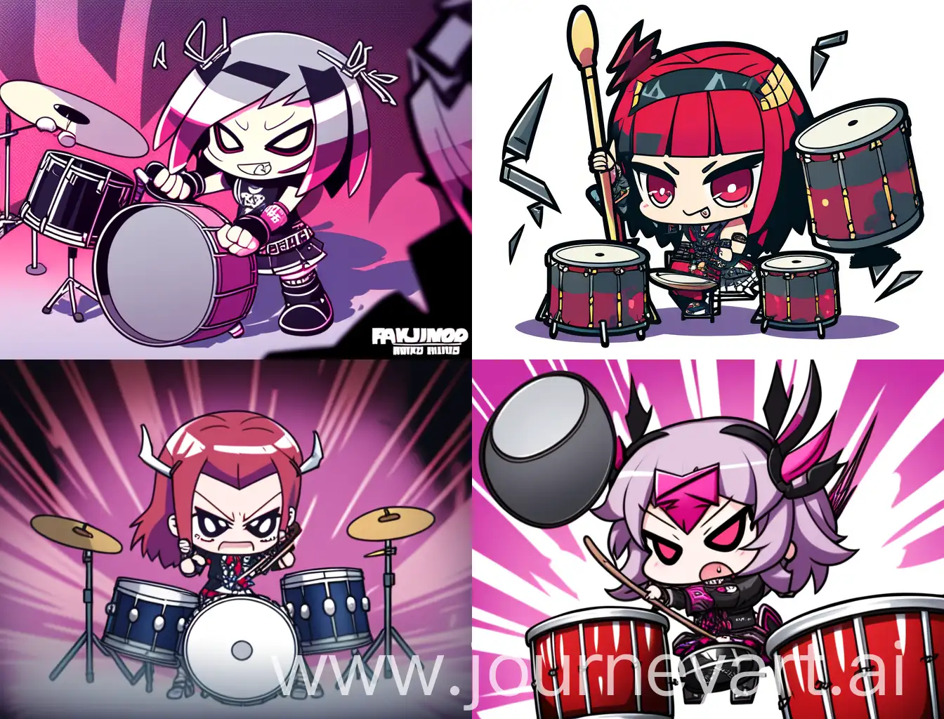 chibi emo girl playing drum, cartoon anime style, strong lines, horror background