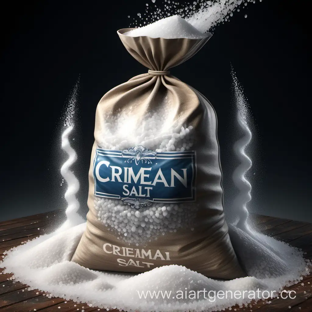 Realistic , overflowing huge bag of salt, revealed , intricate details, high quality, realistic rendering, textured surface, professional lighting, title "Crimean Salt"