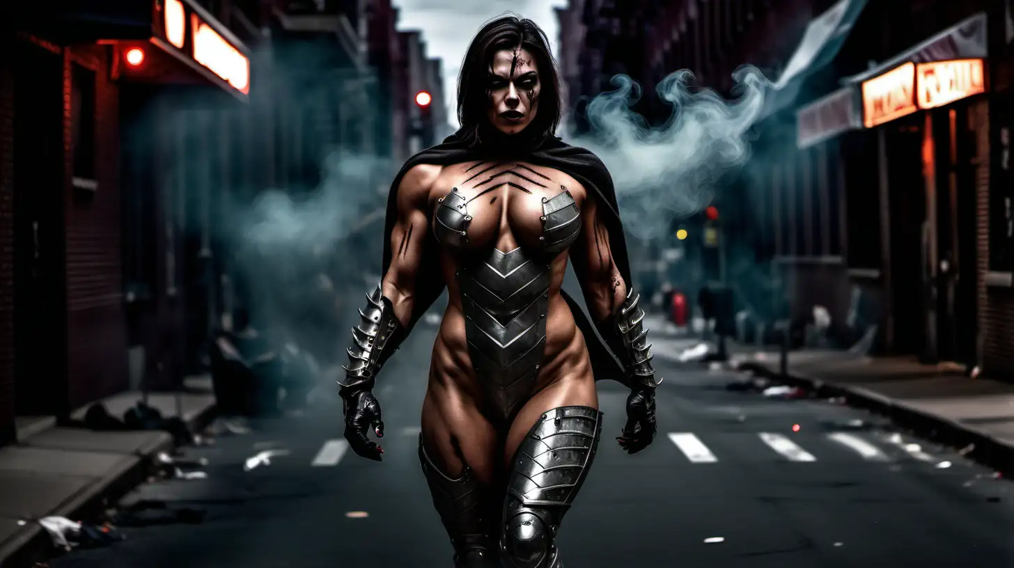 Armored Female super villian, naked, muscular, walking on street, strong, scarred body, scars, evil, cape, new york, night, smoke, shiny skin, 