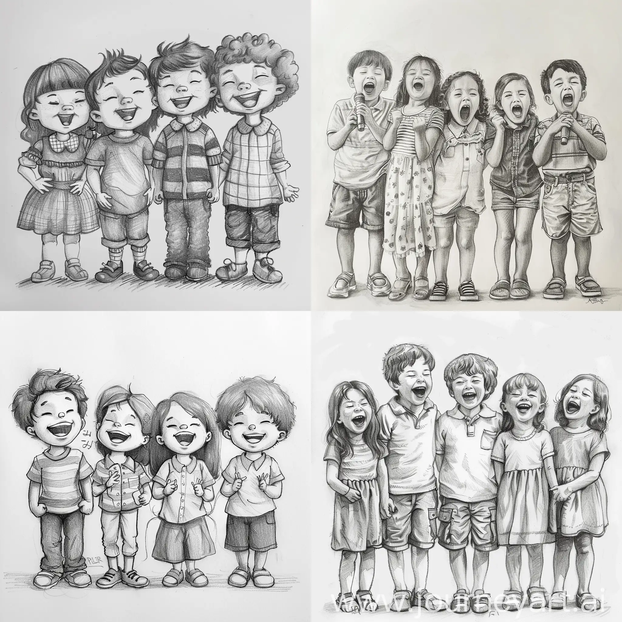 Cheerful Children Singing in Pencil Drawing Style | JourneyArt