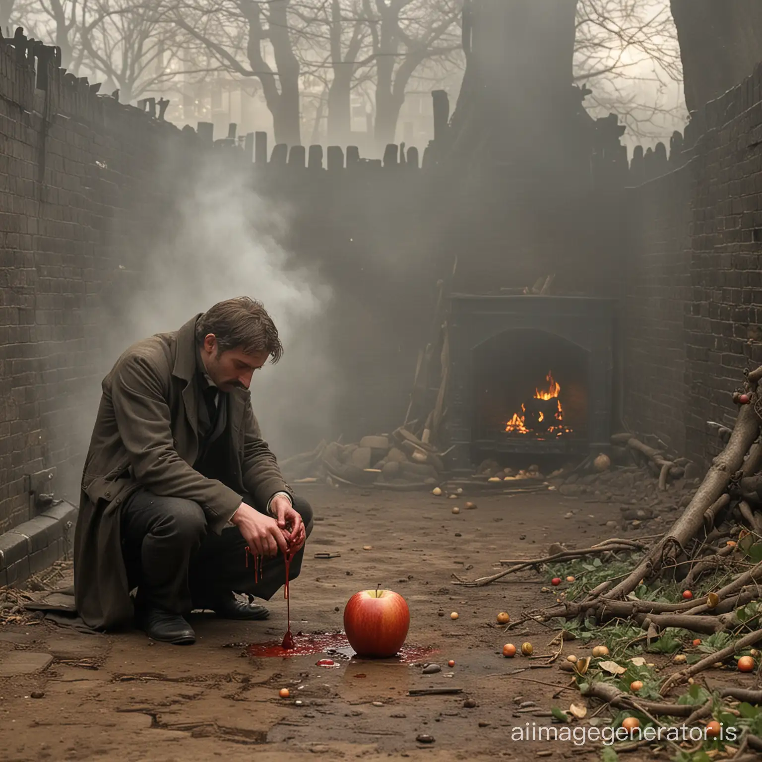 Foggy London, 1888. A poisonous apple split in 2 drips with blood on the ground. A man with a secret sits by his fireside in his longue. 