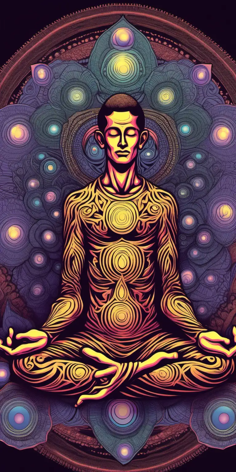 Man Meditating in Vibrant Lotus Position Psychedelic Spiritual Practice