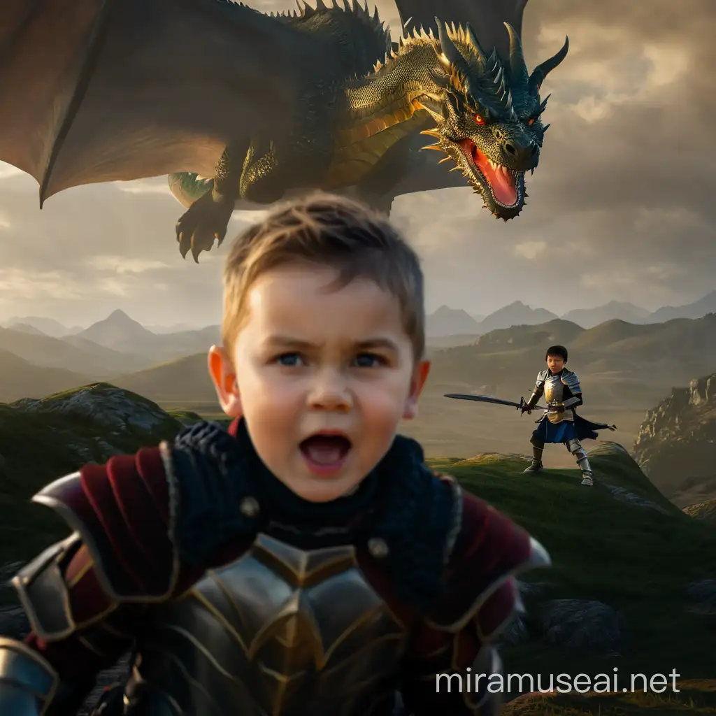 child wear armour fighting against dragons in a epic landscape
