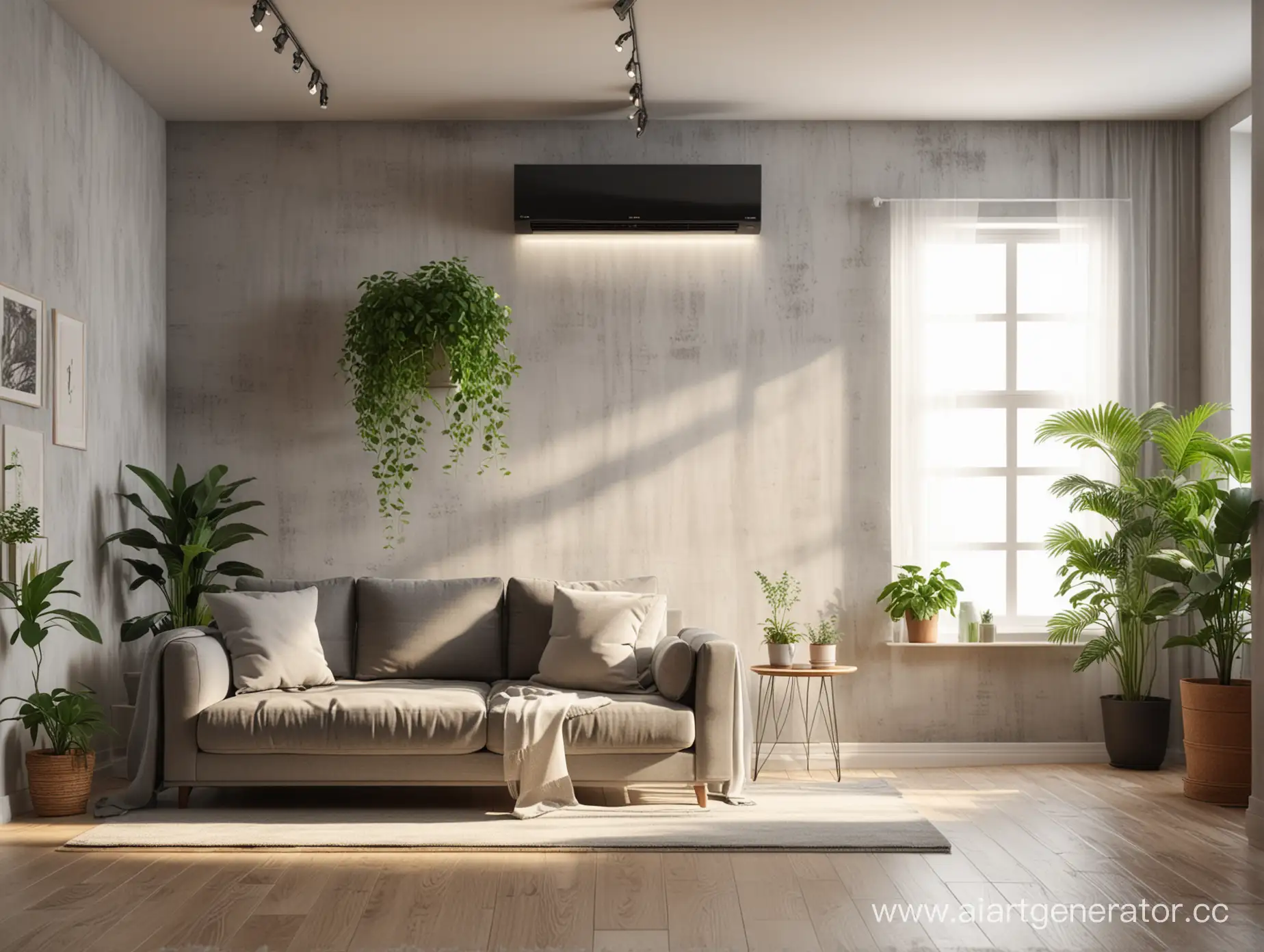 серый диван посередине комнаты, над ним на стене висит черный кондиционер, рядом с диваном стоят зеленые растения, стена позади дивана светлая, сквозь окно пробиваются лучи света, реализм