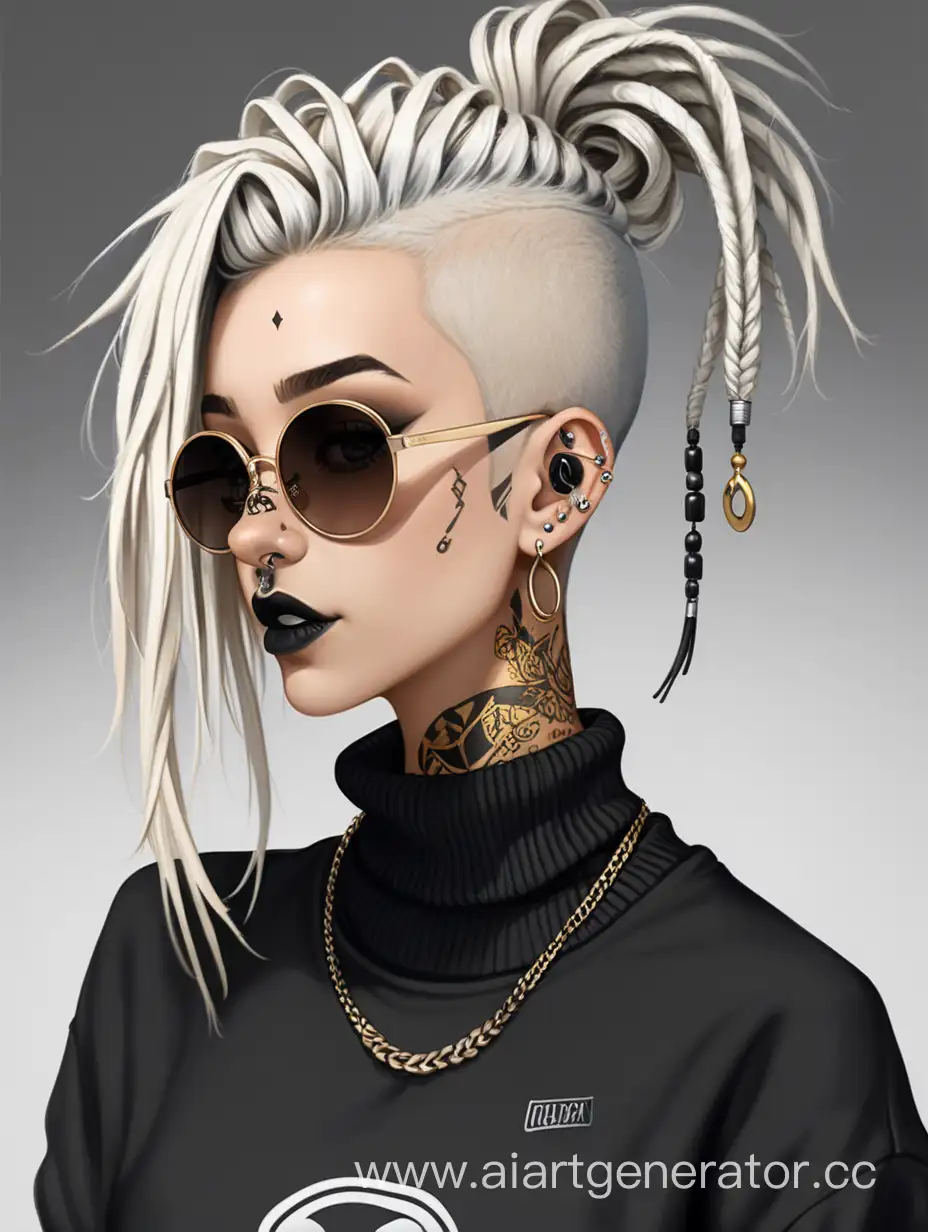 short white punk hair with dreadlocks, black high neck sweater, black jeans trousers, golden tattoos, black sunglasses, piercing, female character 